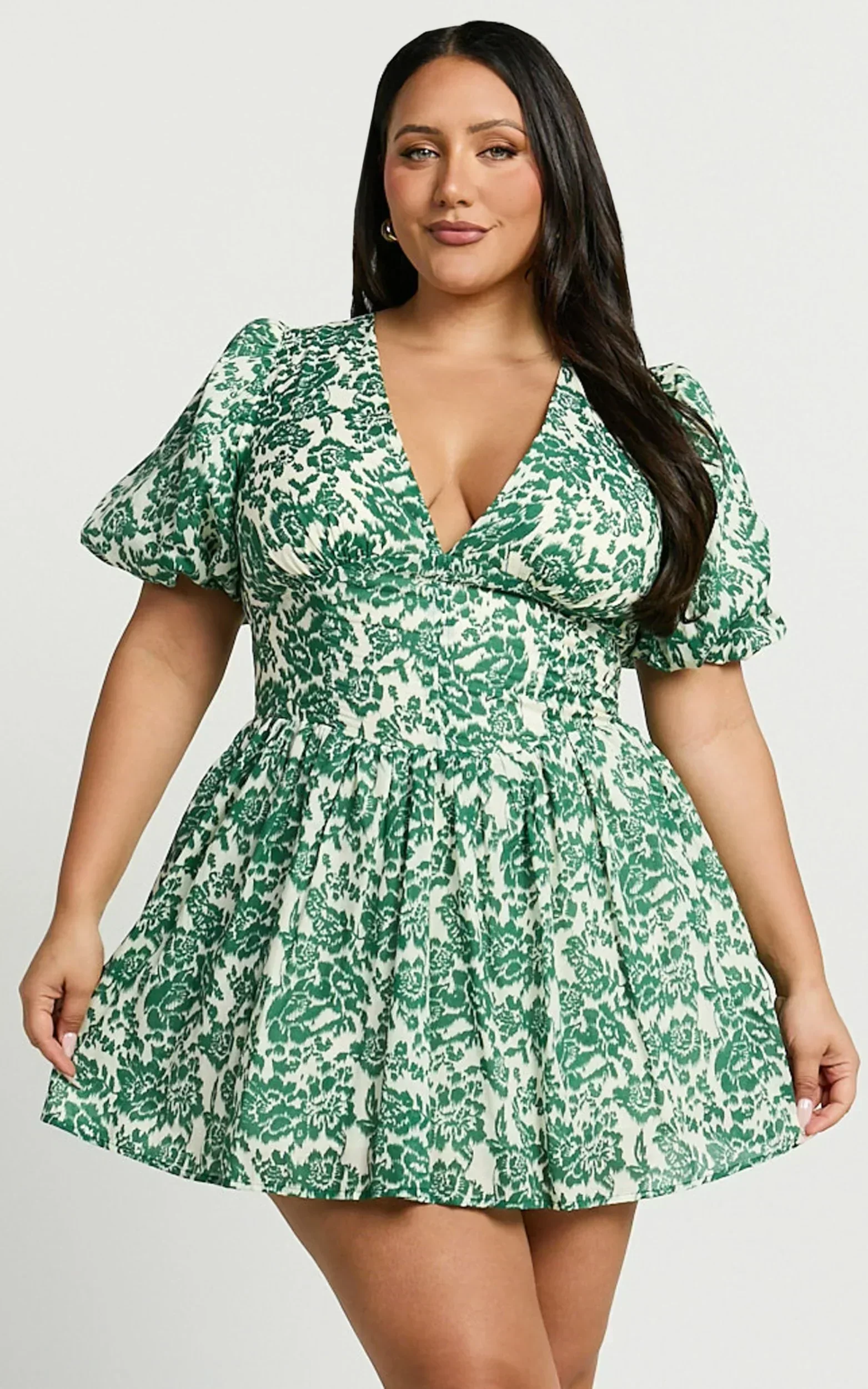 Nelli Mini Dress - Short Puff Sleeve Shirred Back Dress In Green Silhouette