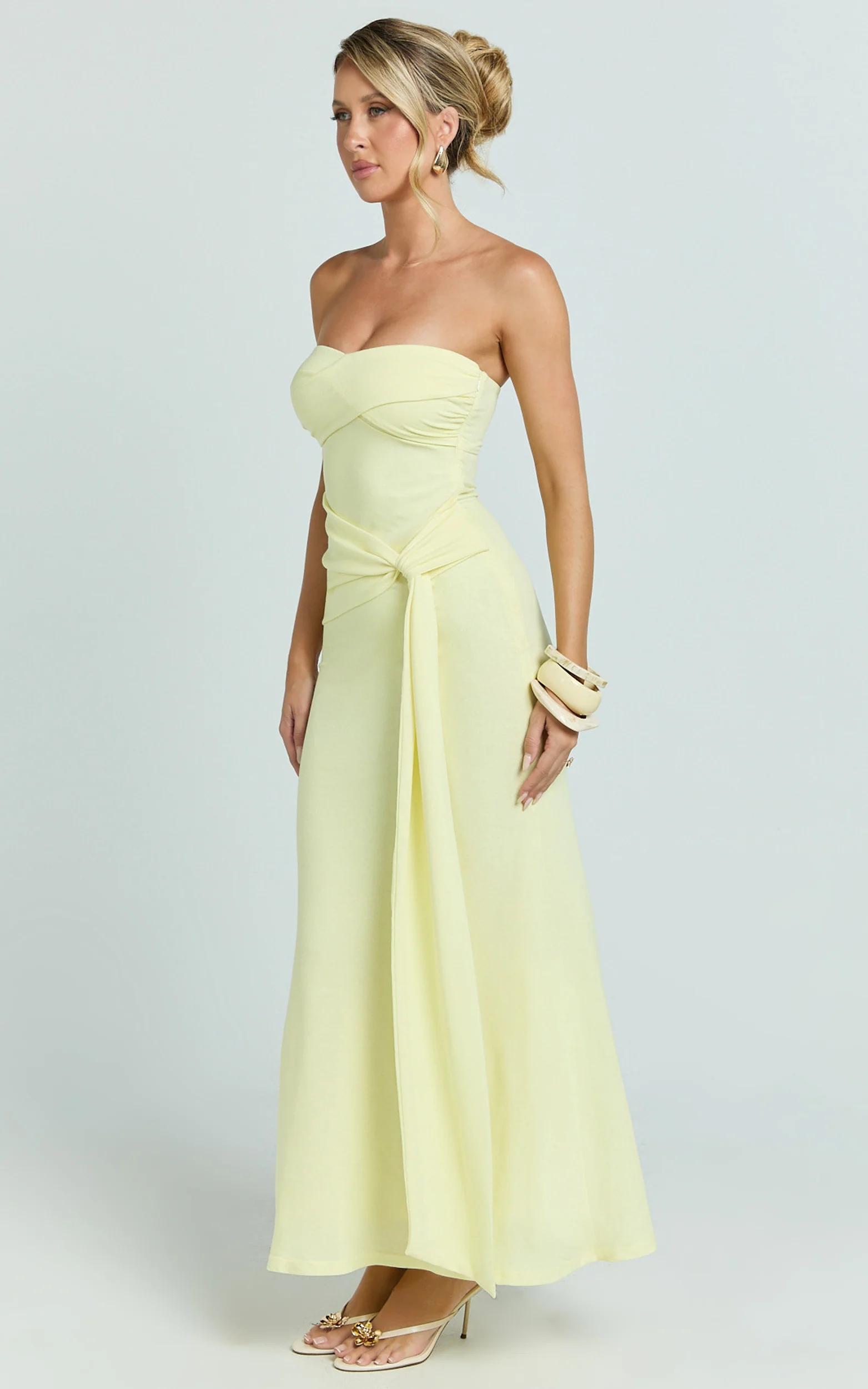 Aria Midi Dress - Strapless Tie Waist Dress in Lemon