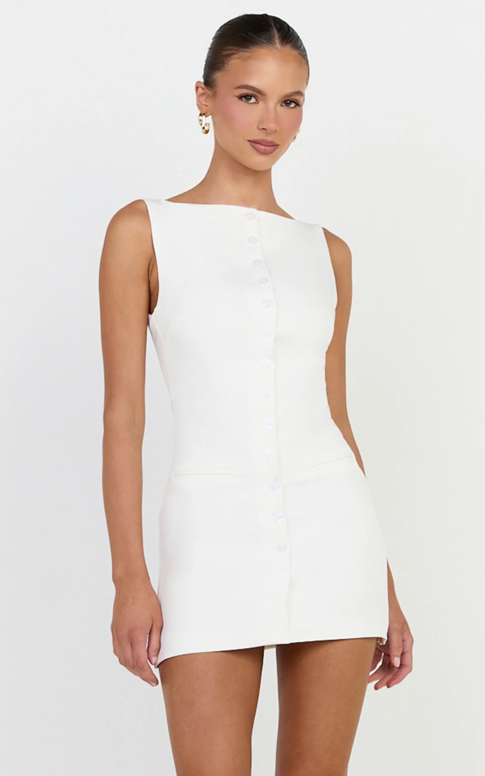 Adela Mini Dress - Mock Button Thru Boat Neck Dress in Baby Blue