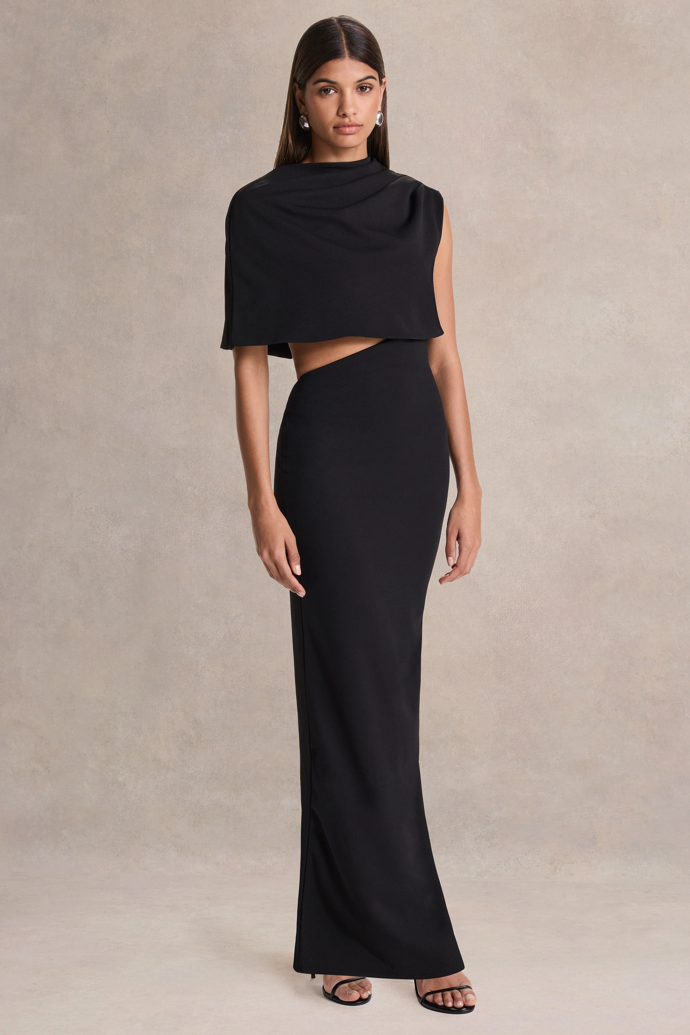 Roseth | Black High-Neck Maxi Dress With Removable Cape
