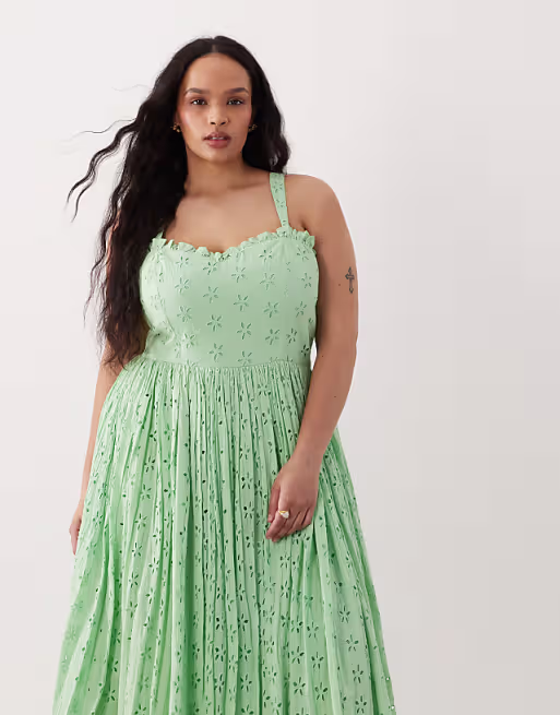 Lace & Beads Plus broderie cotton corset midaxi dress in bright green
