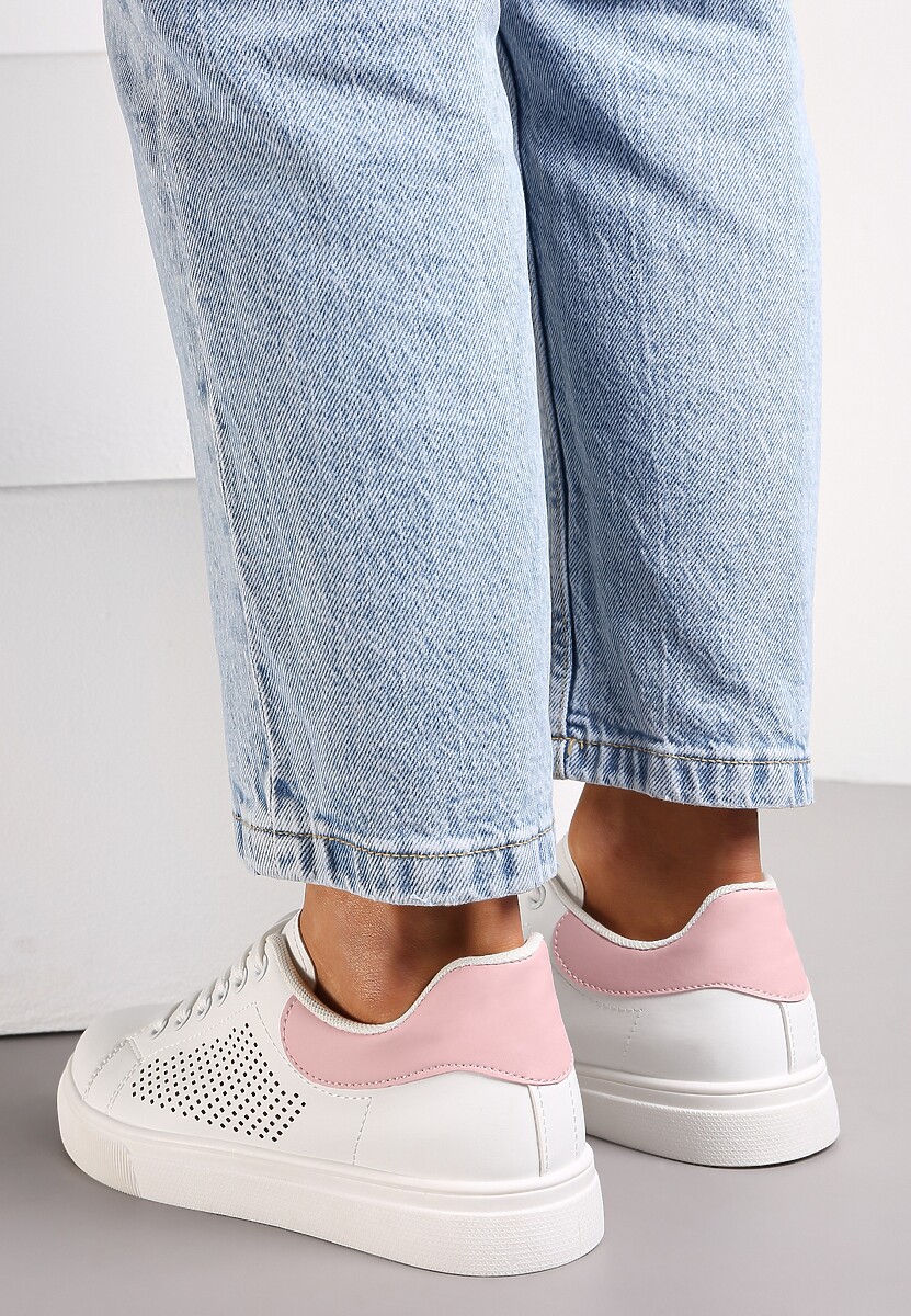 Biało-Różowe Sznurowane Sneakersy z Cholewką przed Kostkę i Okrągłym Noskiem Oberena