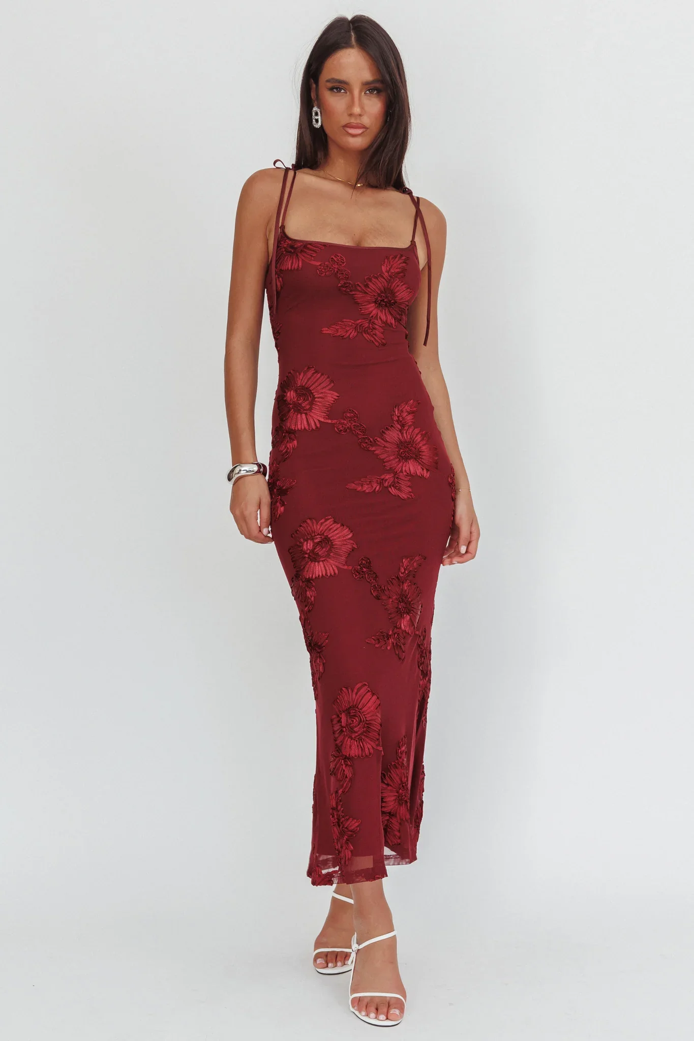 Kaela Tied Shoulder Maxi Dress Embellished Wine