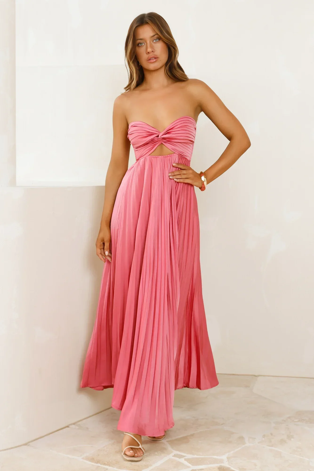 Vibes Are Priceless Strapless Satin Pleated Maxi Dress