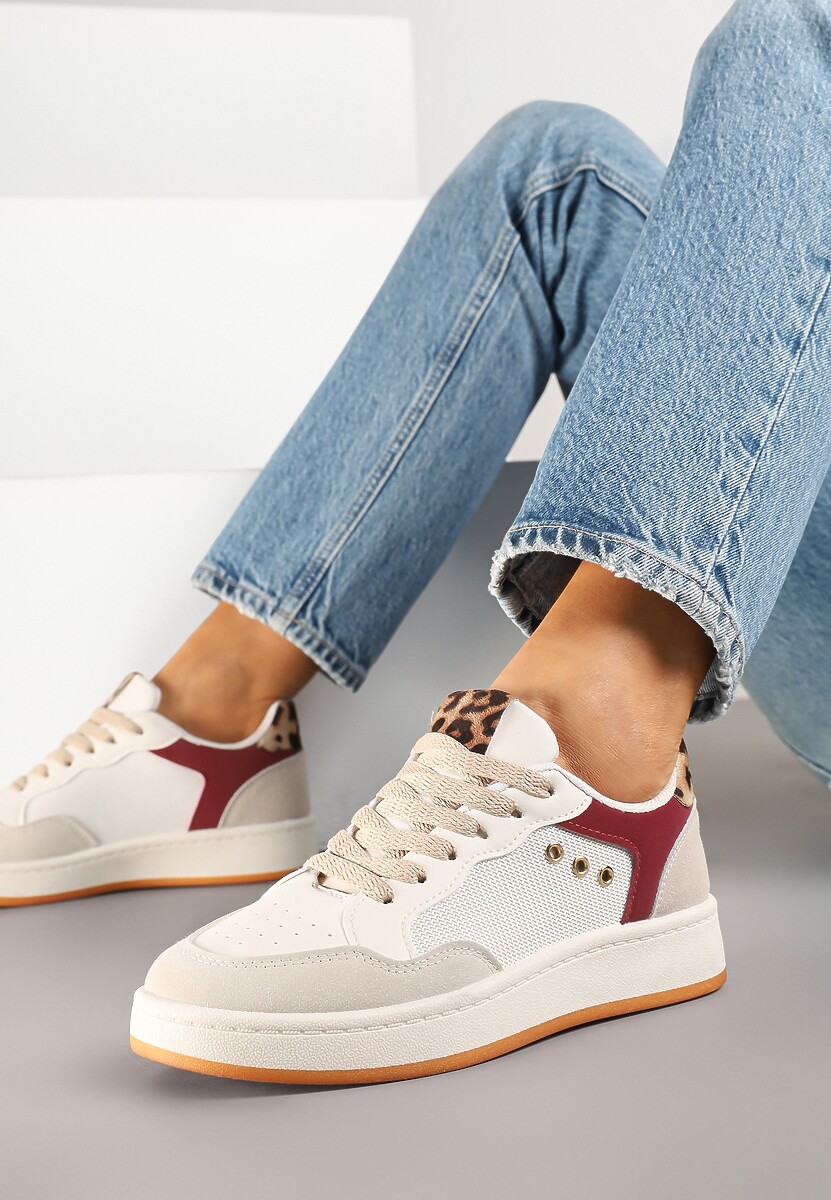 Beżowo-Bordowe Streetwearowe Sneakersy Zdobione Przeszyciami Neonisea