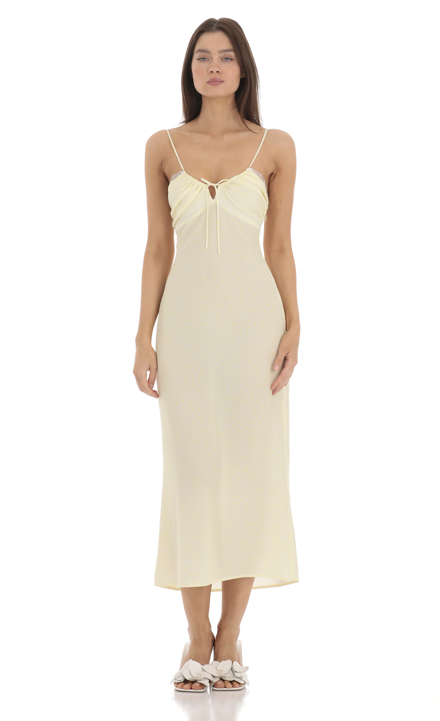Lace Trim Front Tie Midi Dress in Yellow - luluinthesky