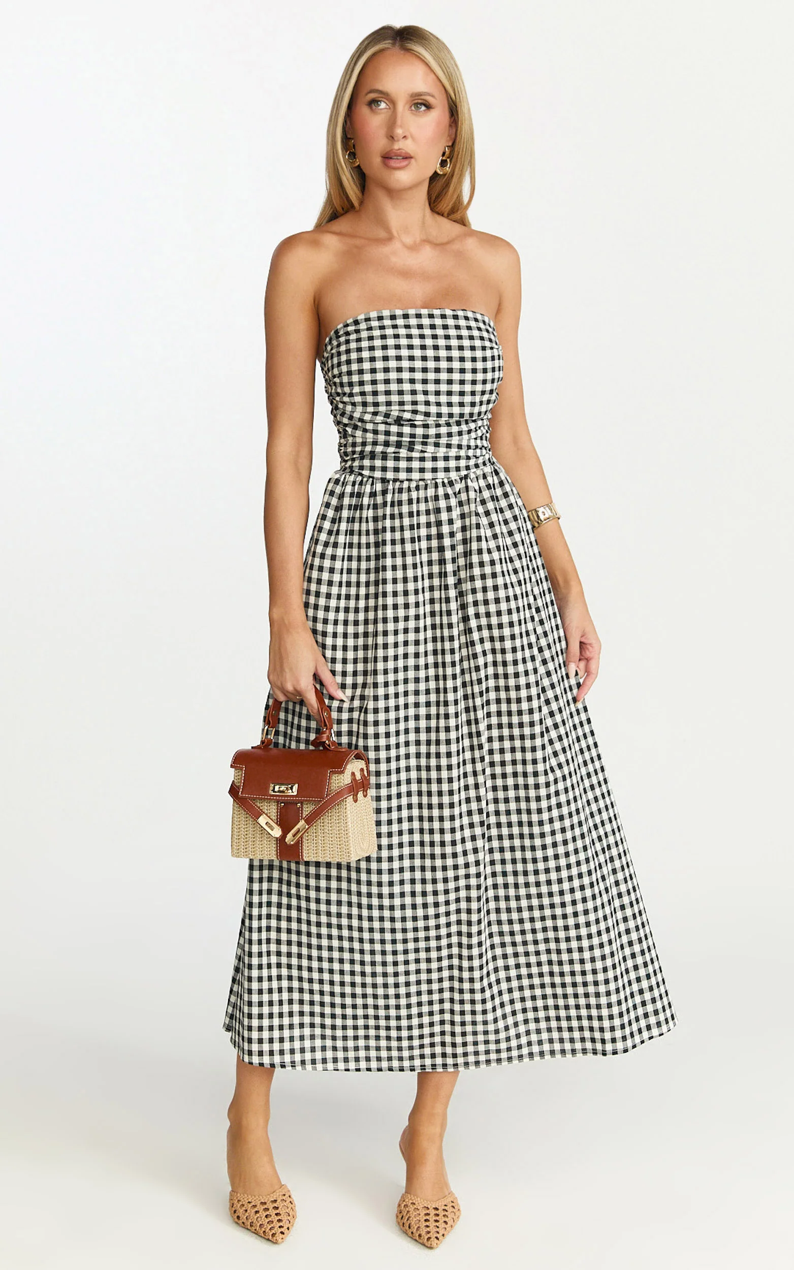 Polly Midi Dress - Strapless Ruched Dress in Black Check