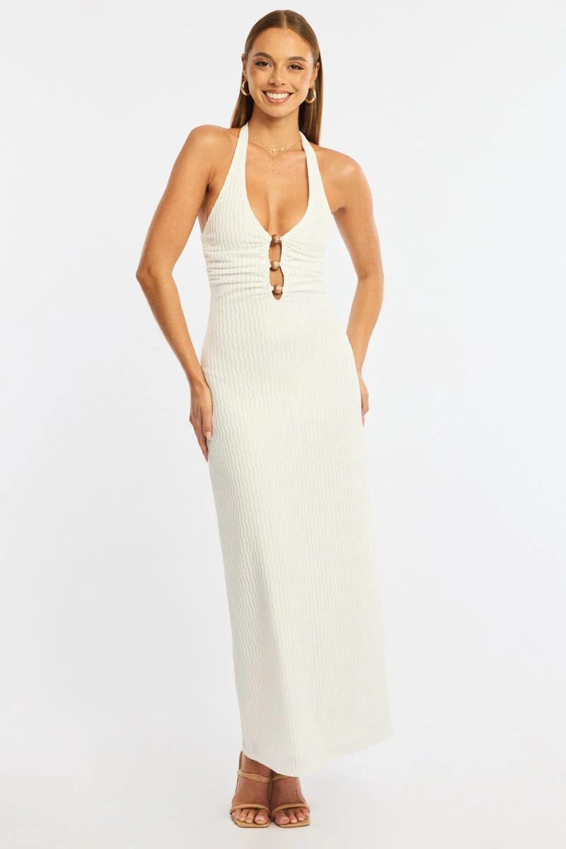 White Maxi Dress Beading Trim Textured Fabric