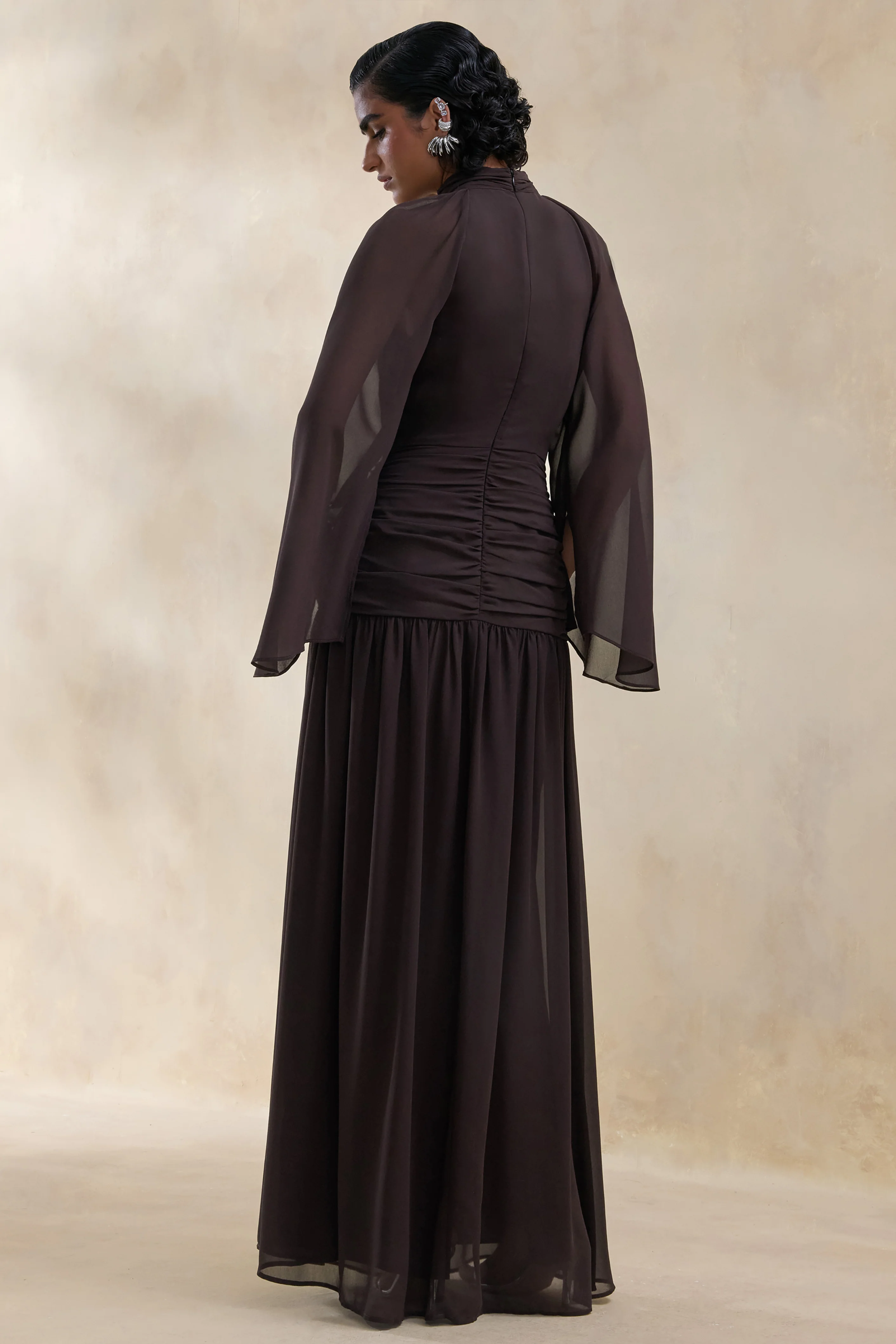 Narella | Brown Chiffon High-Neck Maxi Dress With Draped-Detailing