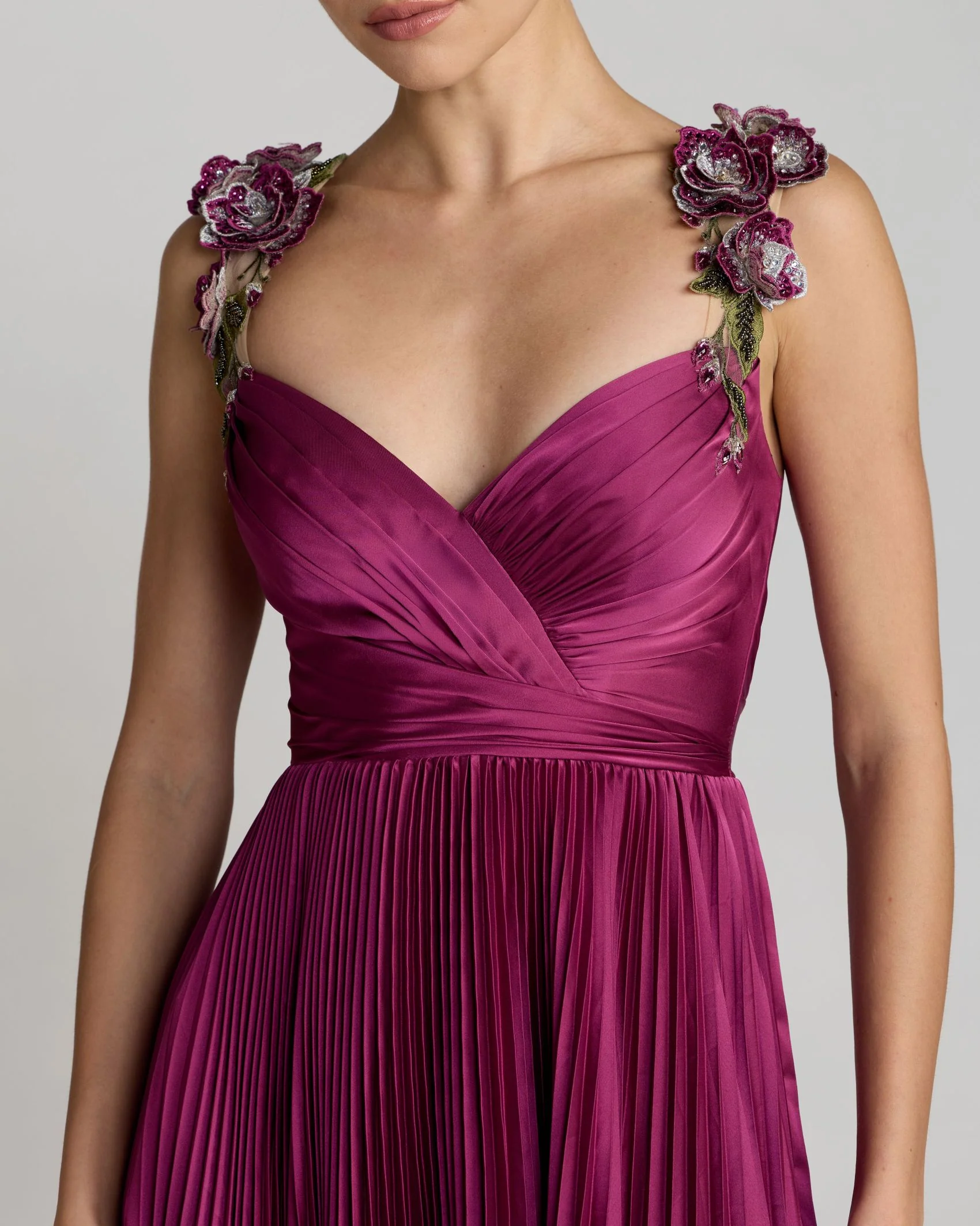 Magenta Pleated High Low Gown With 3D Floral Straps