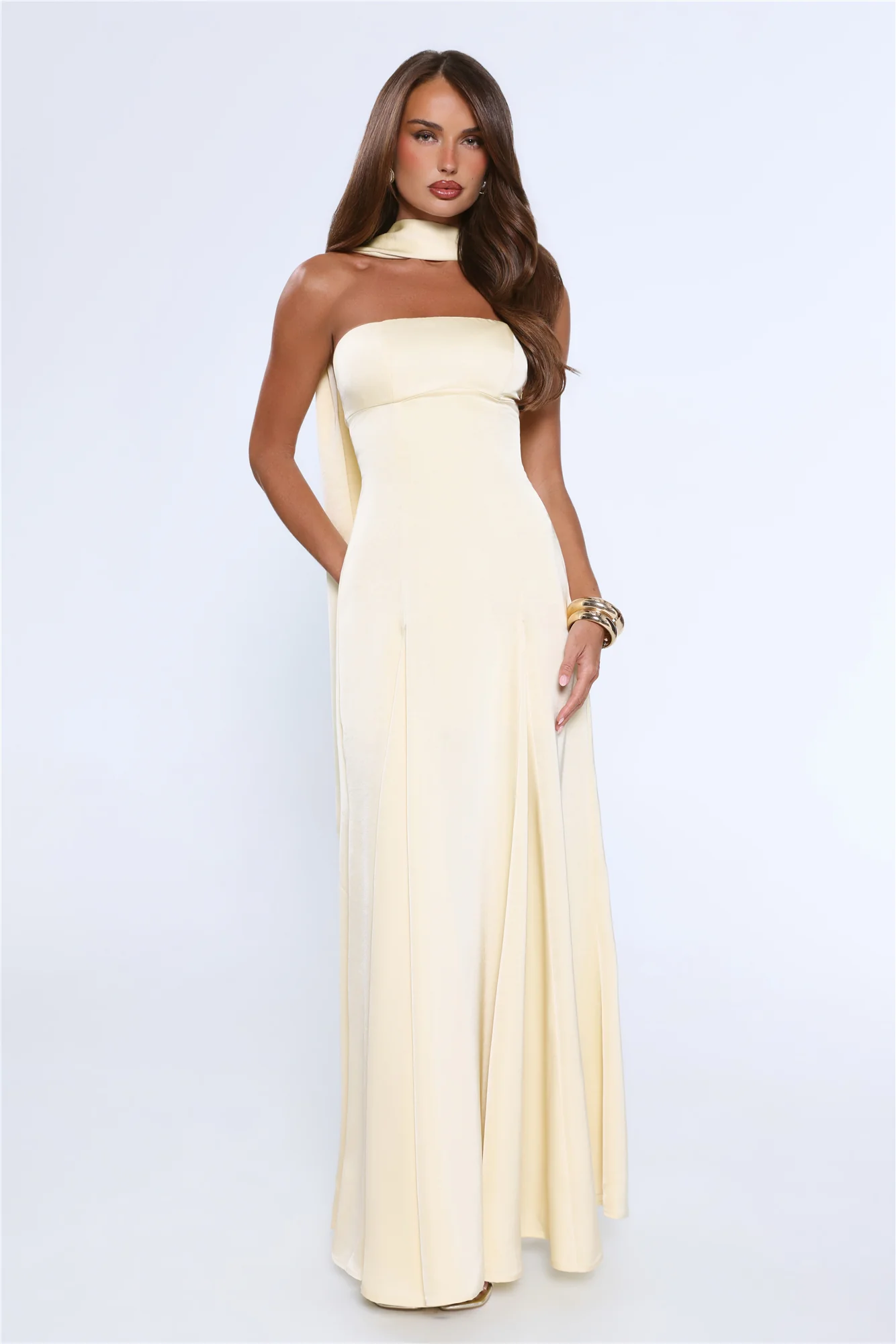 Satin Tempt Strapless Maxi Dress Lemon