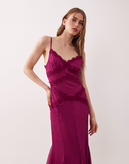 slip shift lace trim midi dress with godets in berry