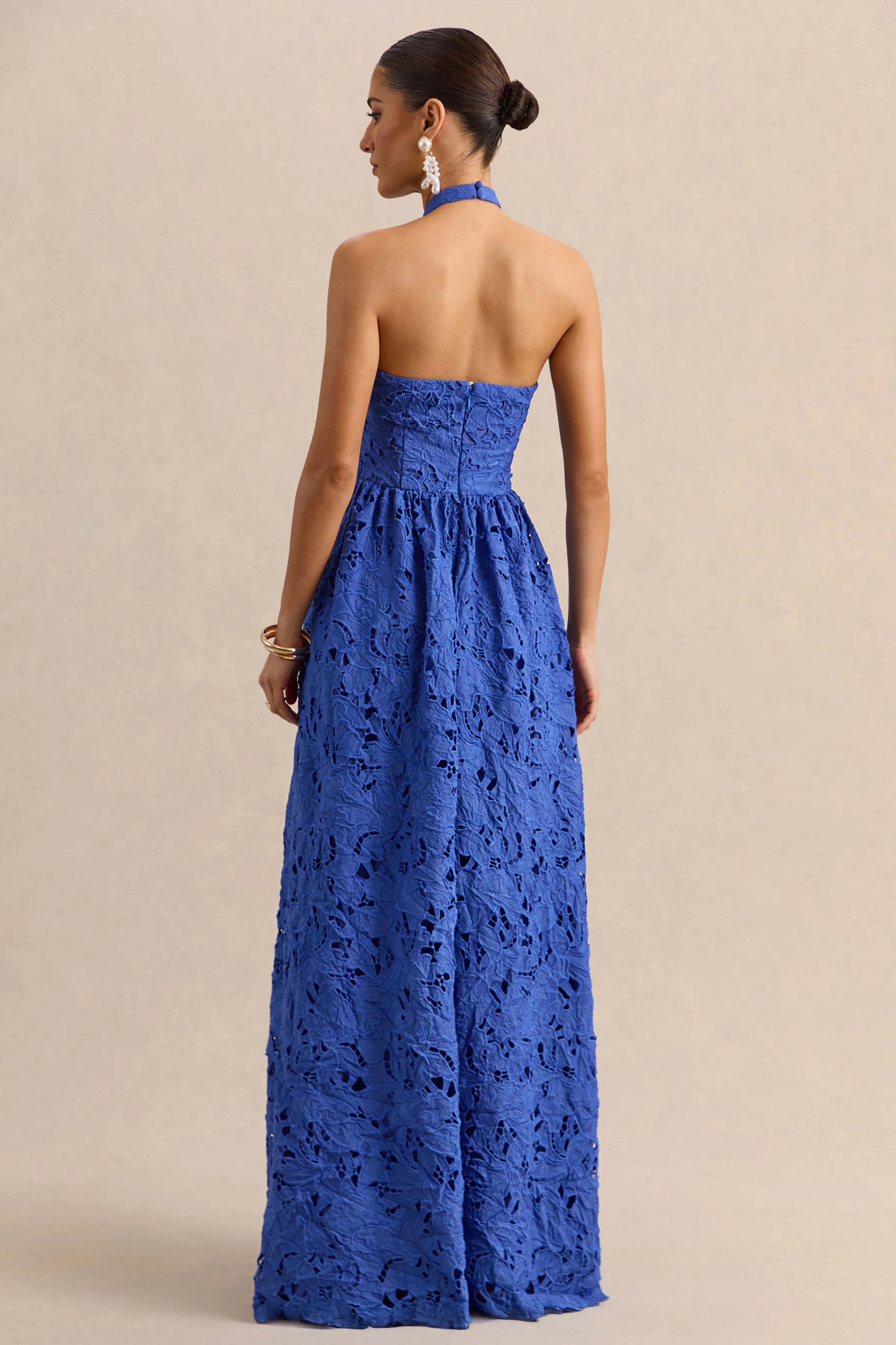 Indiana | Dark Blue Broderie Halter-Neck Maxi Dress