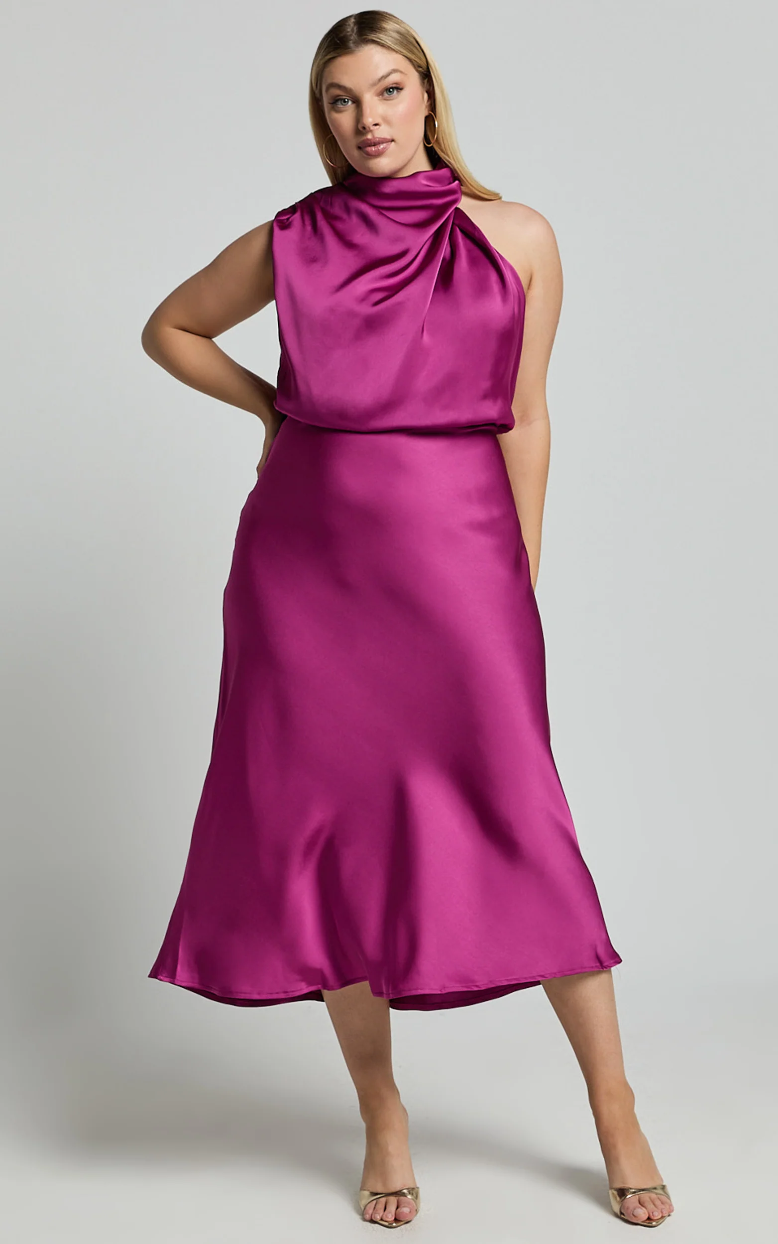 Minnie Midi Dress - Drape Neck Satin Slip Dress in Purple