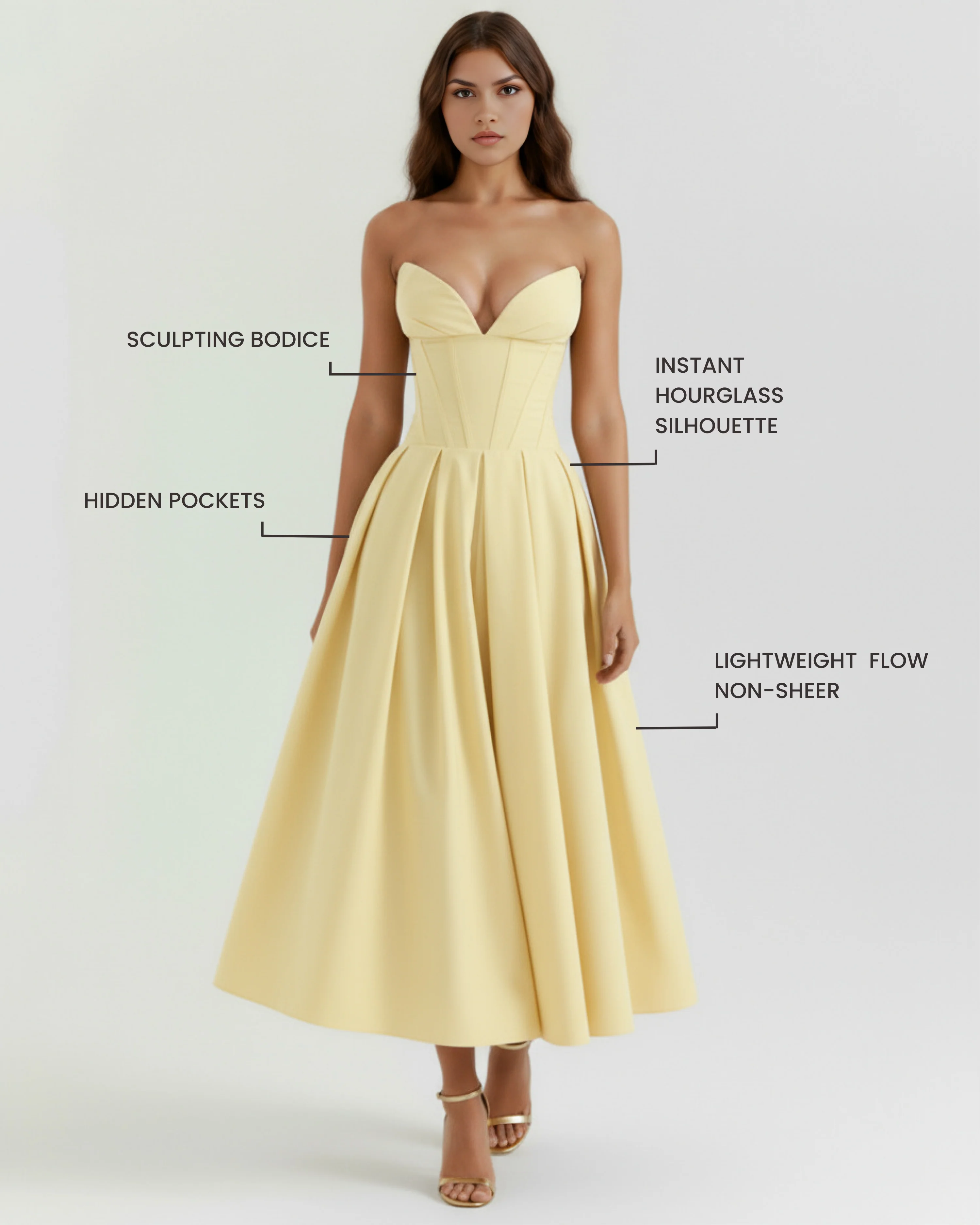 Light Yellow Corset Midi Dress with Pockets