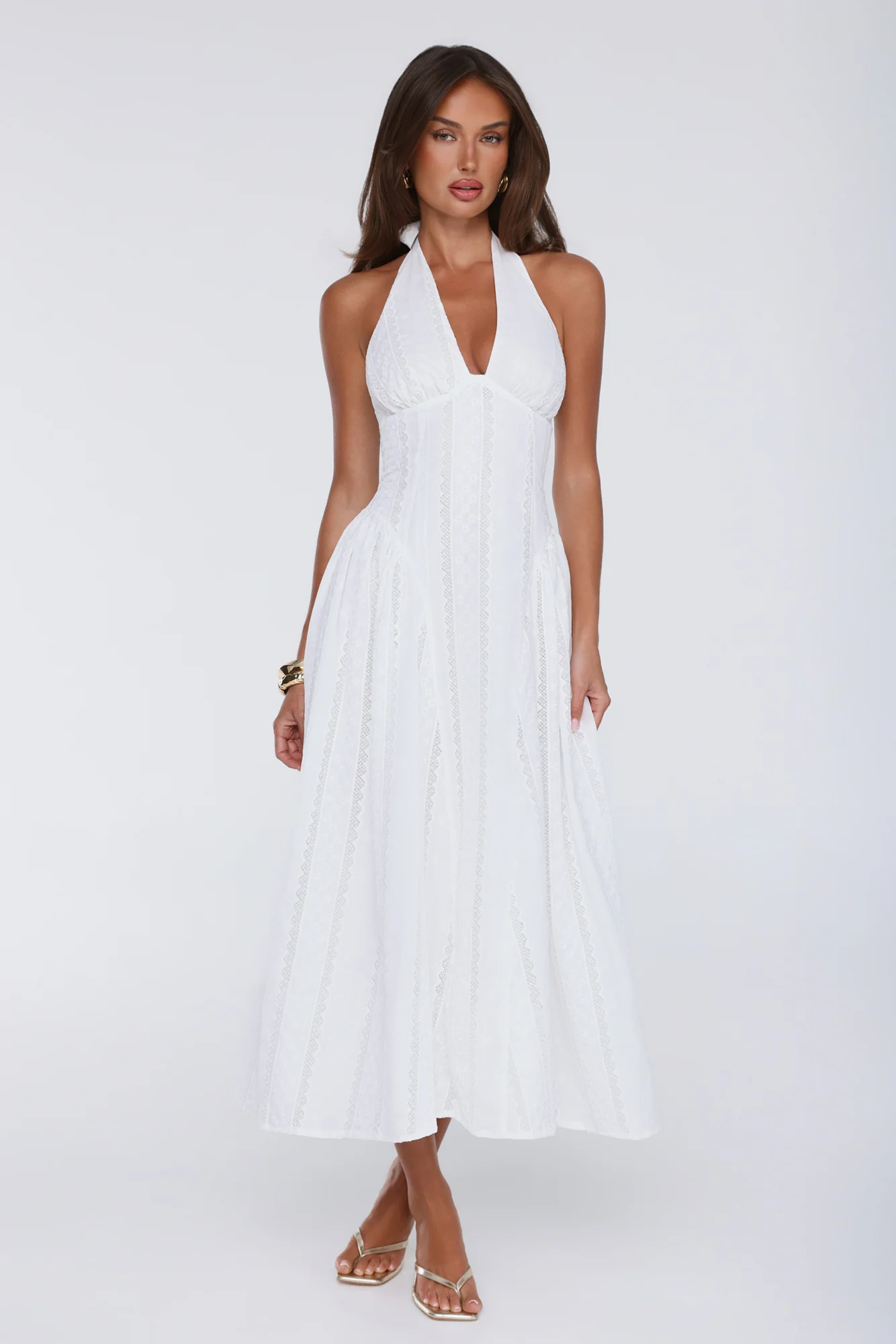 Petal Whimsy Embroidered Halter Maxi Dress White