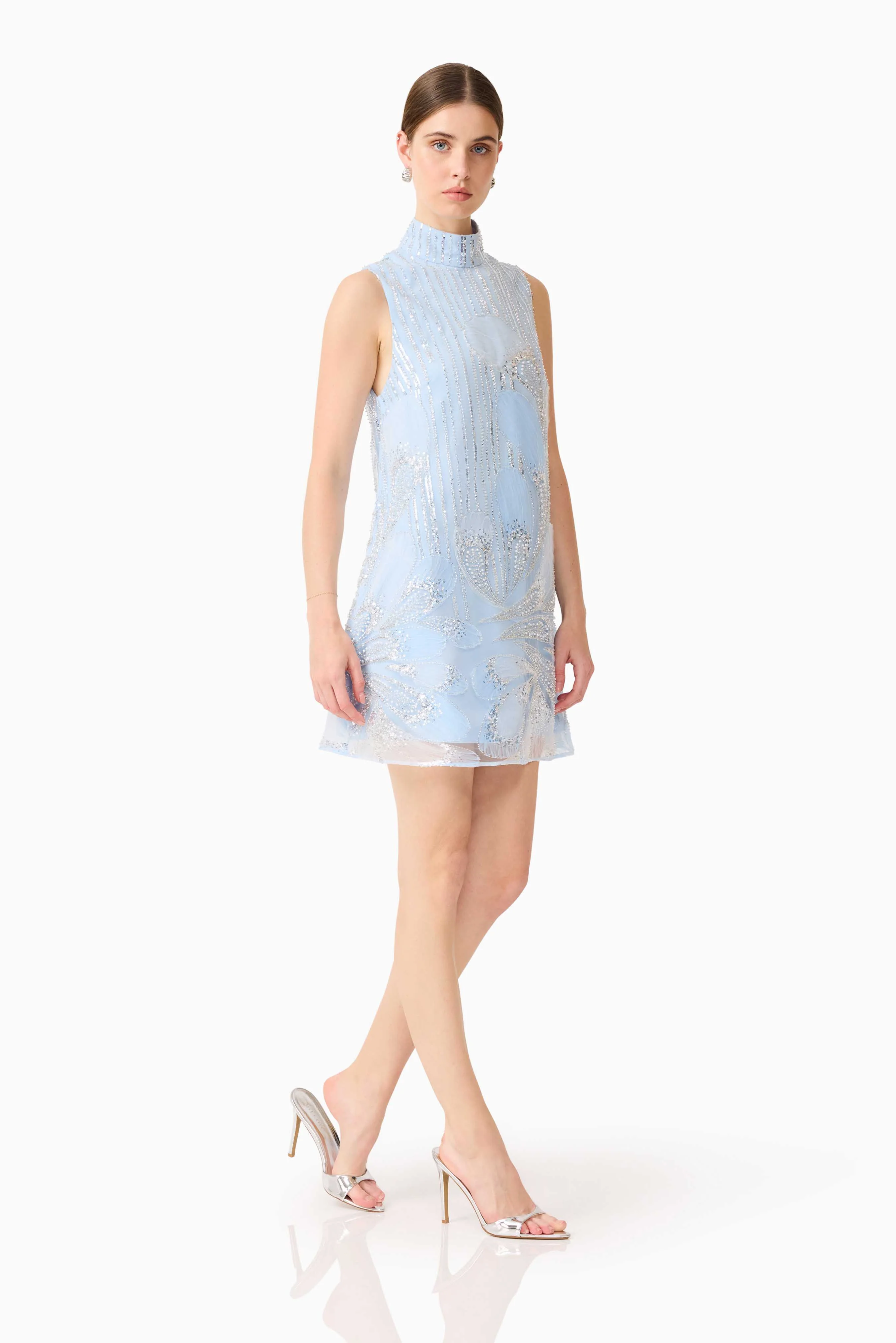 Annabelle Embellished Shift Mini Dress in Blue