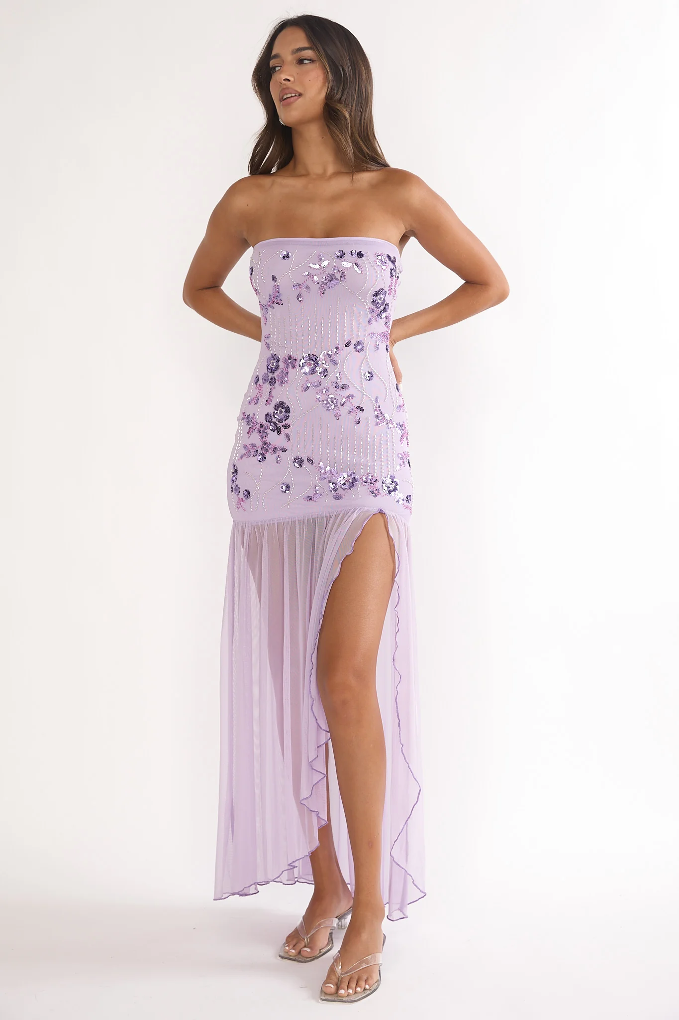 Jezra Strapless Sequin Embellished Maxi Dress Purple