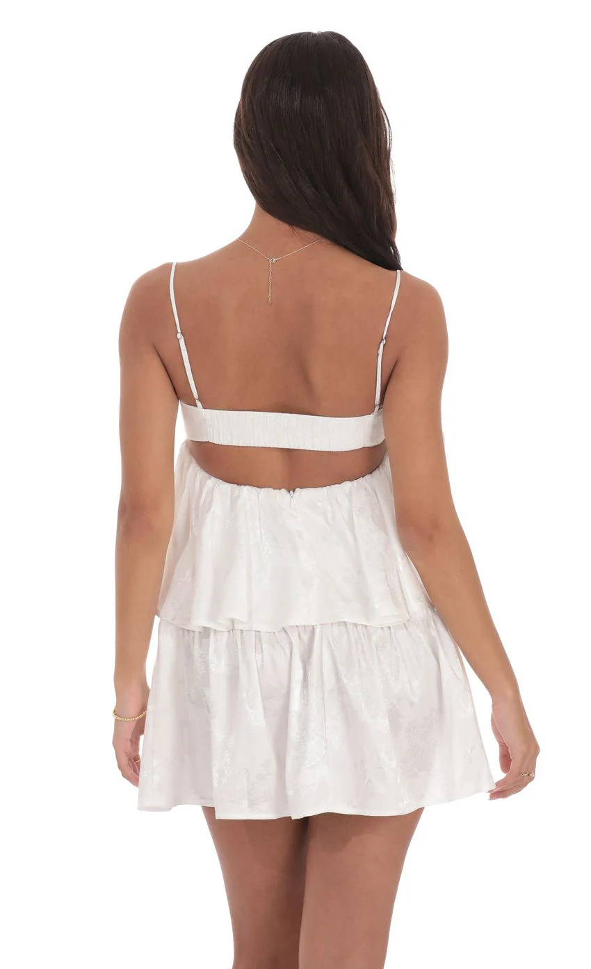 Jacquard Front Tie Ruffle Dress in White