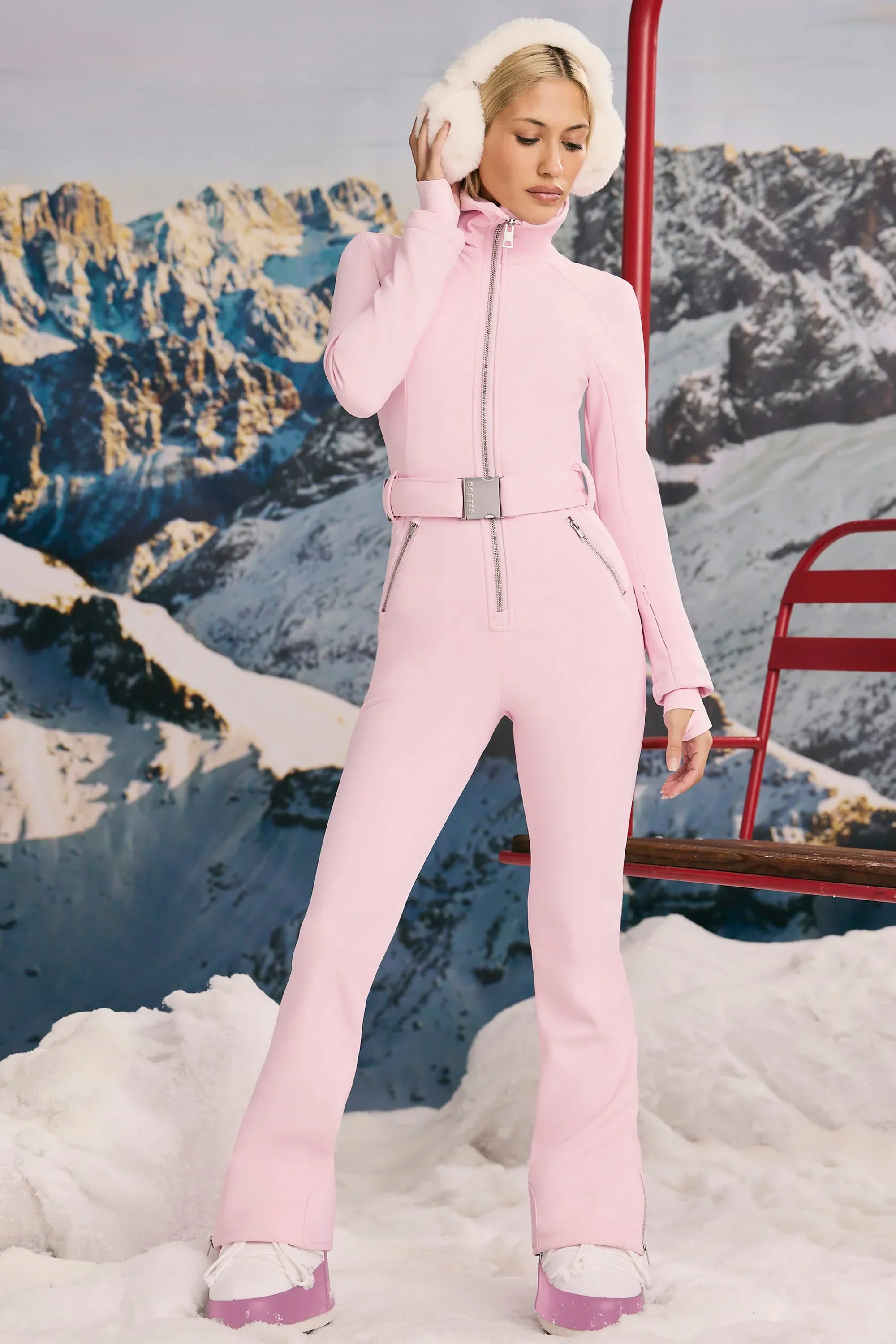 Fleece-Lined Belted Ski Suit in Pastel Pink - luluinthesky