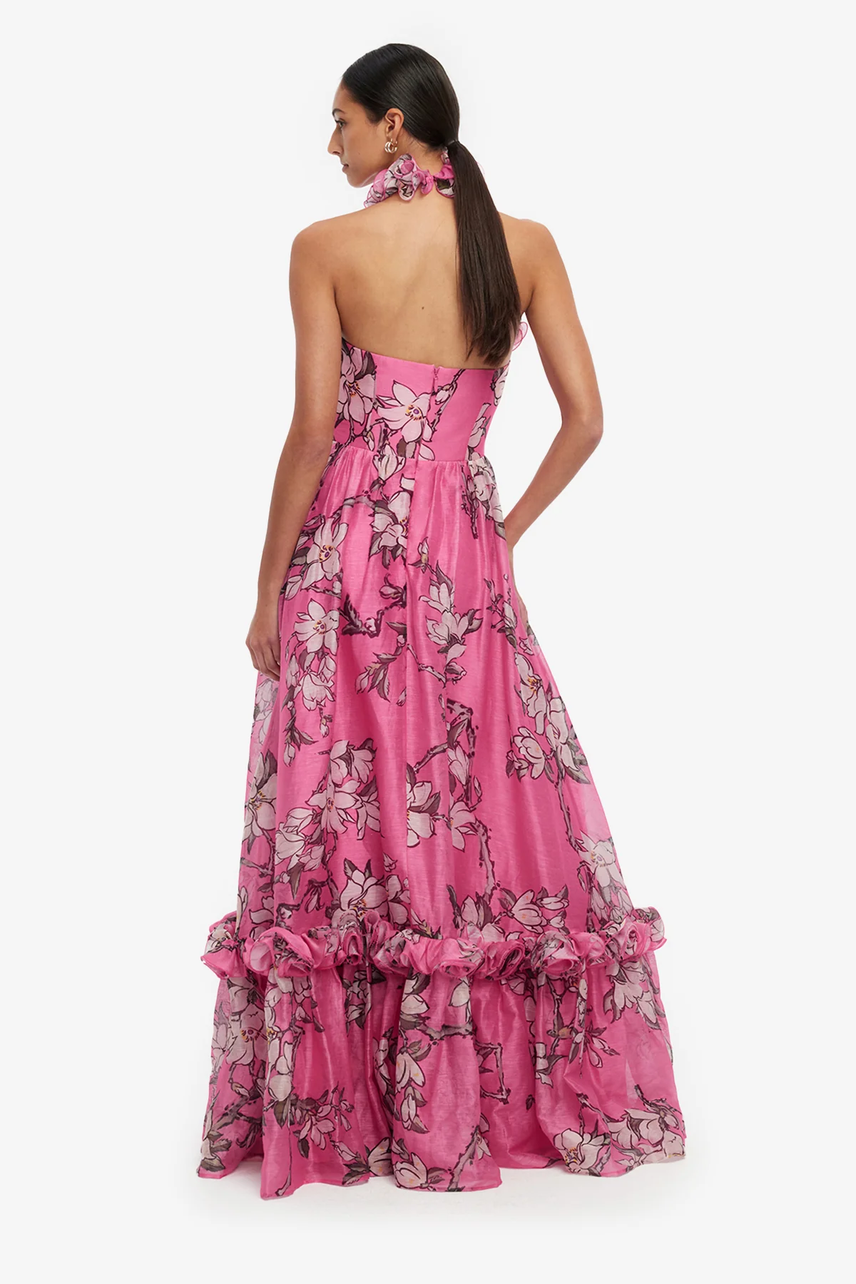 Isabelle Ruffled Halterneck Maxi Dress - Pink Magnolia Print