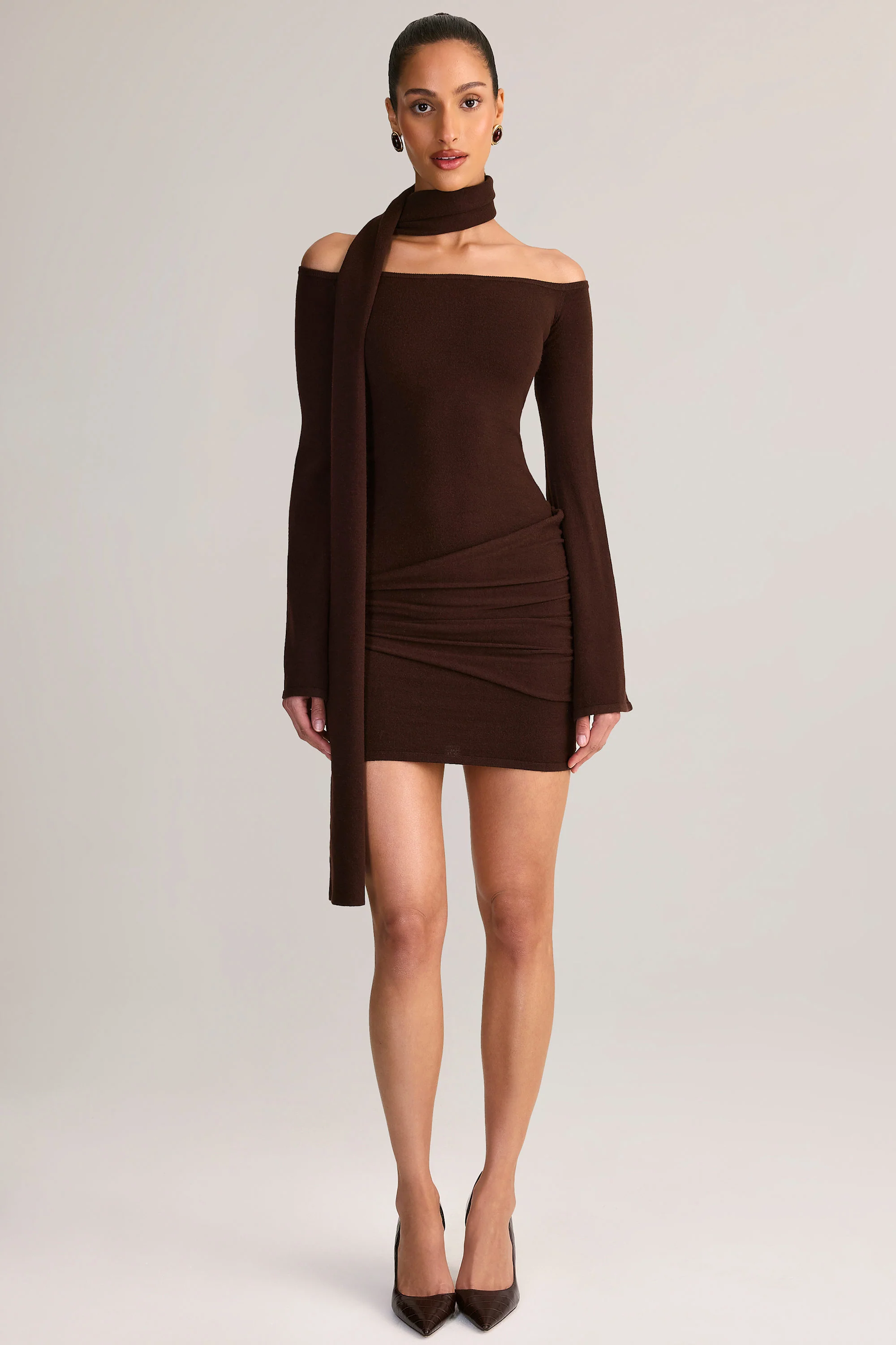Knit Scarf-Detail Off-Shoulder Mini Dress in Chocolate Brown