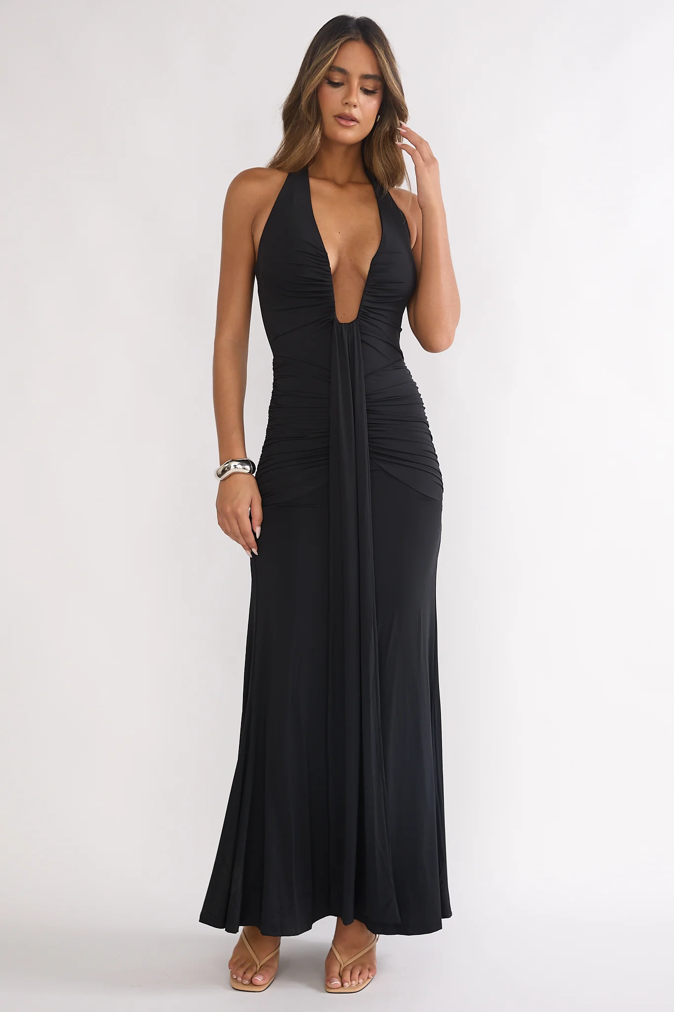 Brienna Halter Ruched Maxi Dress Black