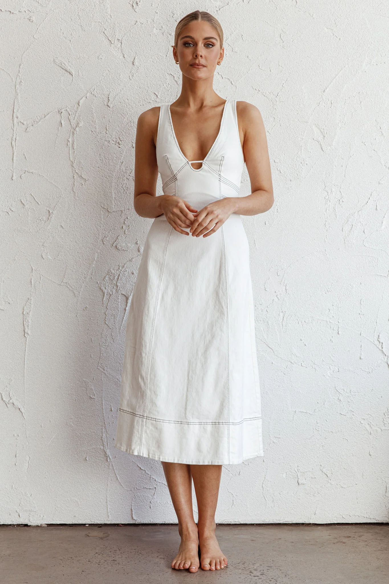 Elias Decorative Stitch Midi Dress White