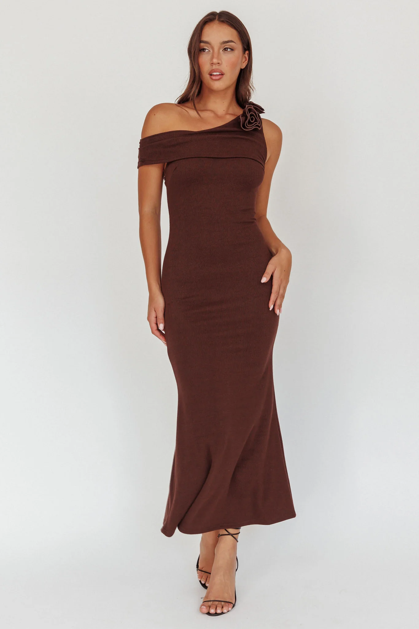 Mazon One-Shoulder Knit Maxi Dress Chocolate