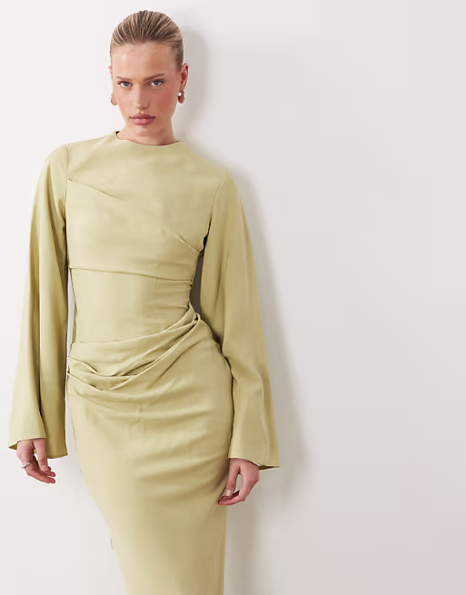 long sleeve waisted maxi dress in light sage