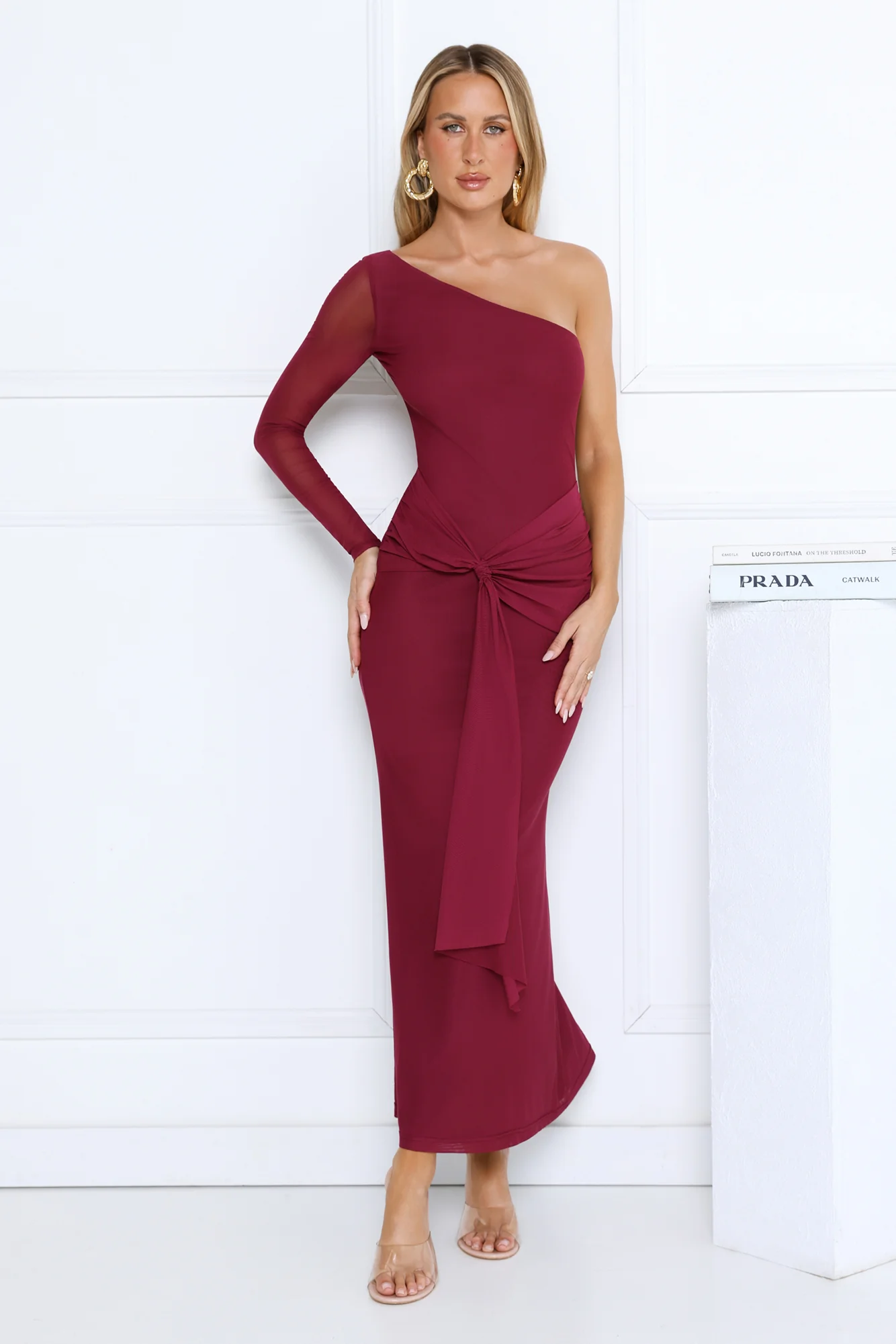 Dressed In Love One Shoulder Mesh Maxi Dress Plum