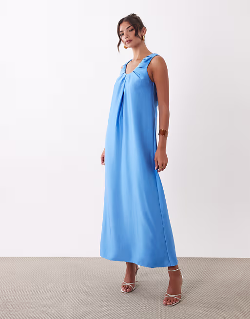 YAS ruched strap satin maxi dress in marina blue