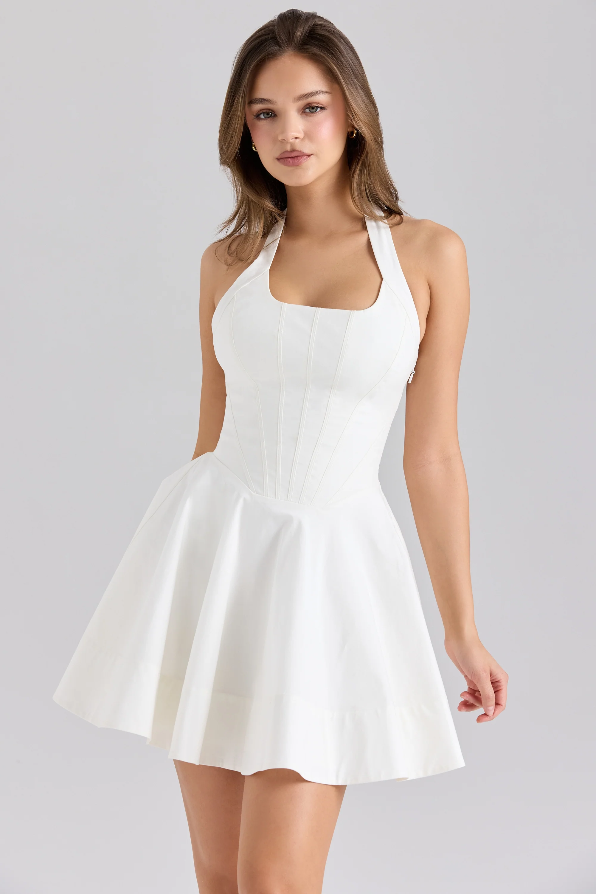 White Stretch Cotton Halter Neck Mini Dress