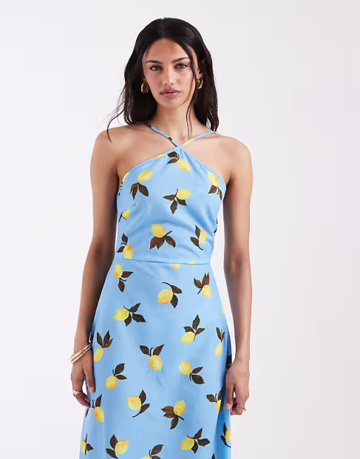 Vero Moda halter maxi dress in blue lemon print