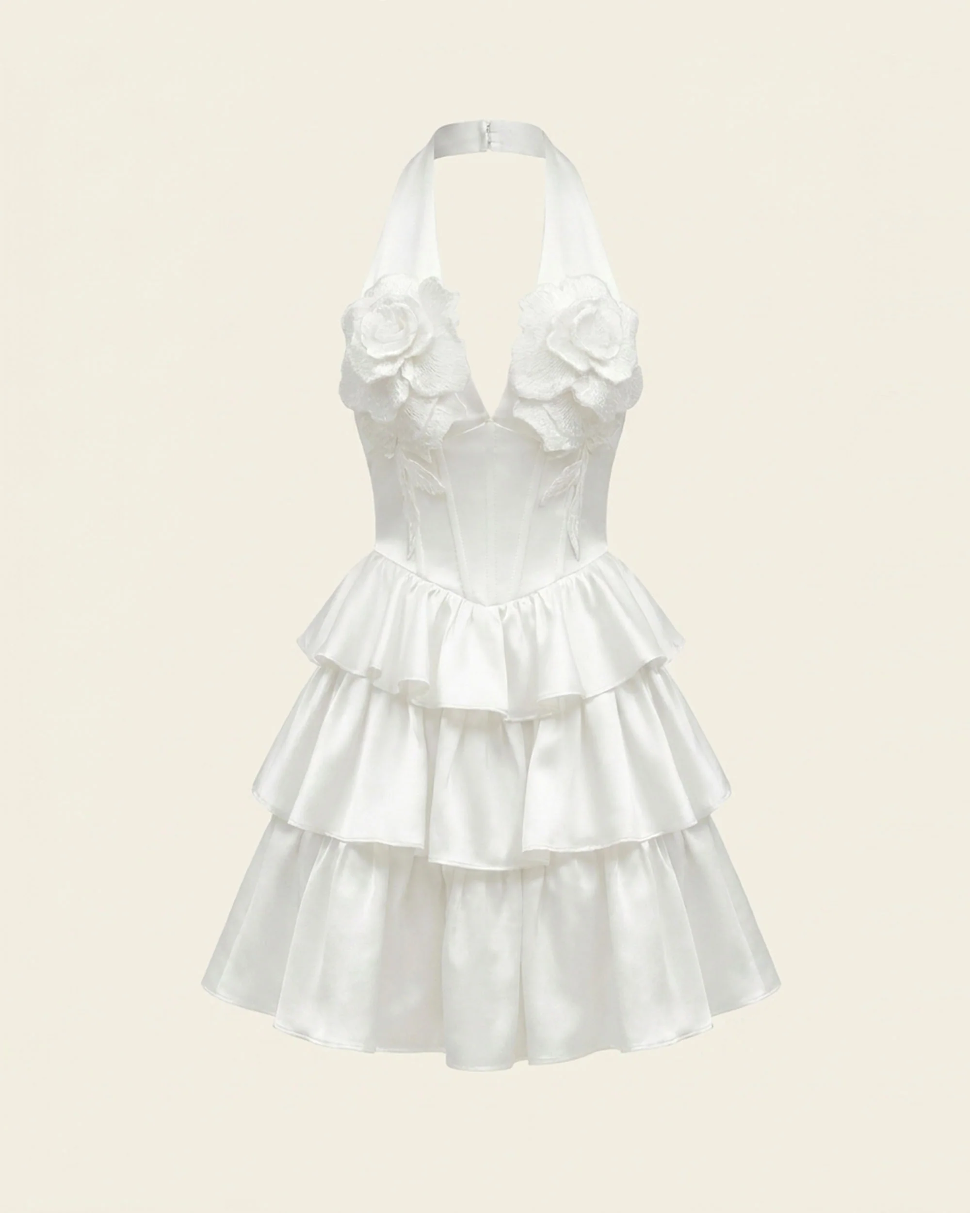 Flower Embroidered Tiered Halter Mini Dress - White