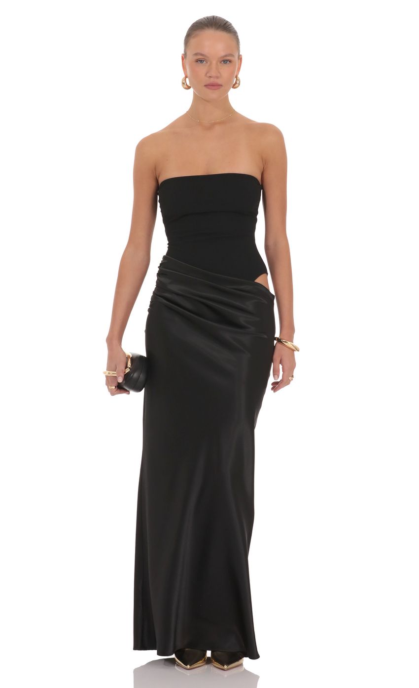 Strapless Draped Satin Maxi Dress in Black