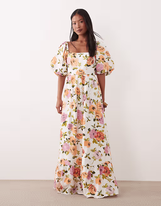 VILA Petite volume sleeve tiered maxi dress in white floral print