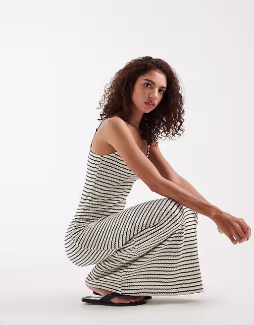 Vero Moda stretch crochet knit cami maxi dress in black and cream stripe