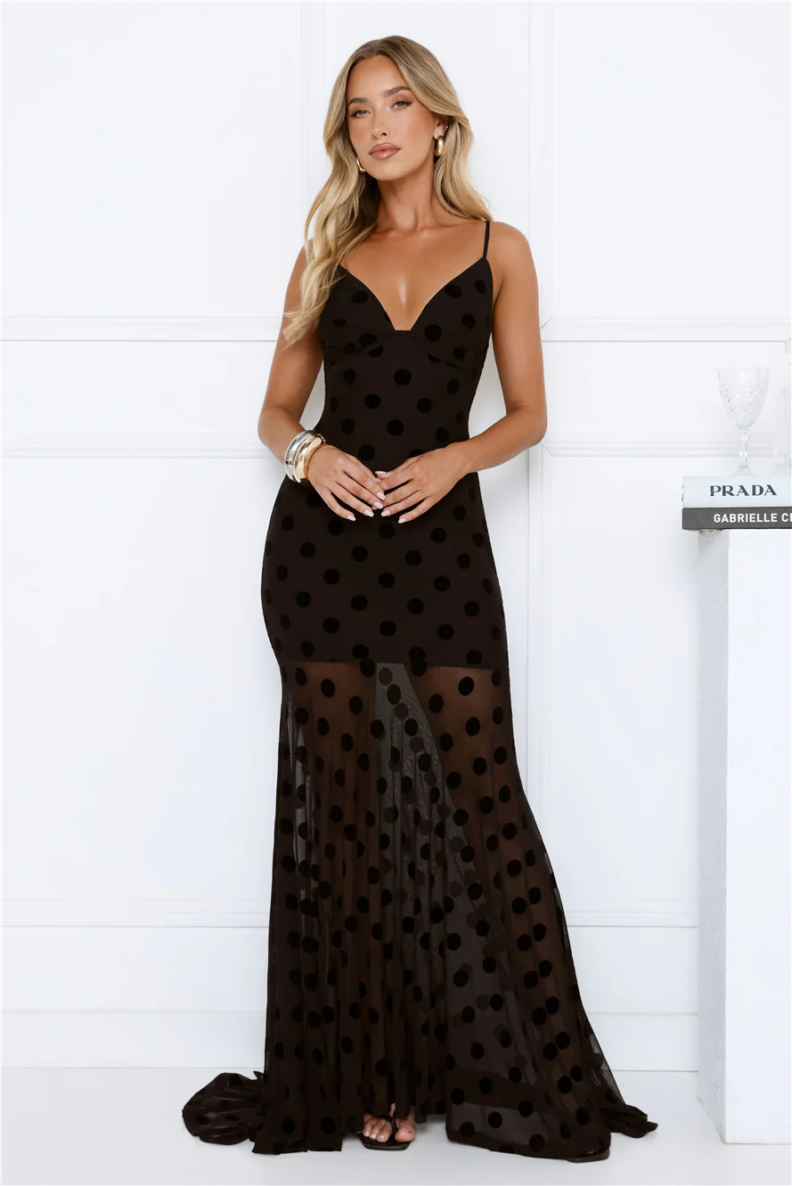 Sultry Polka Dot Velvet Maxi Dress Black