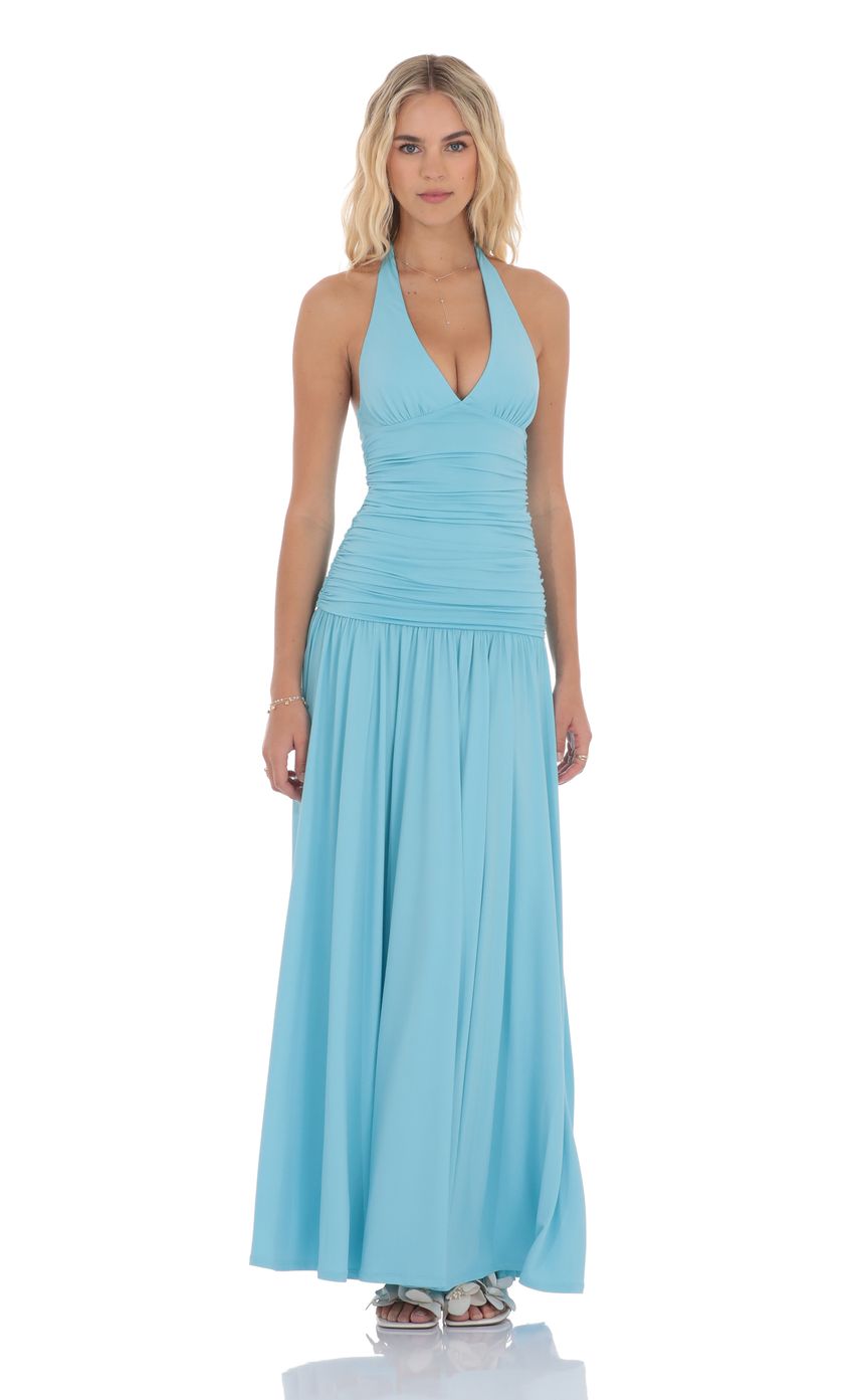 Halter Drop Waist Maxi Dress in Aqua Blue