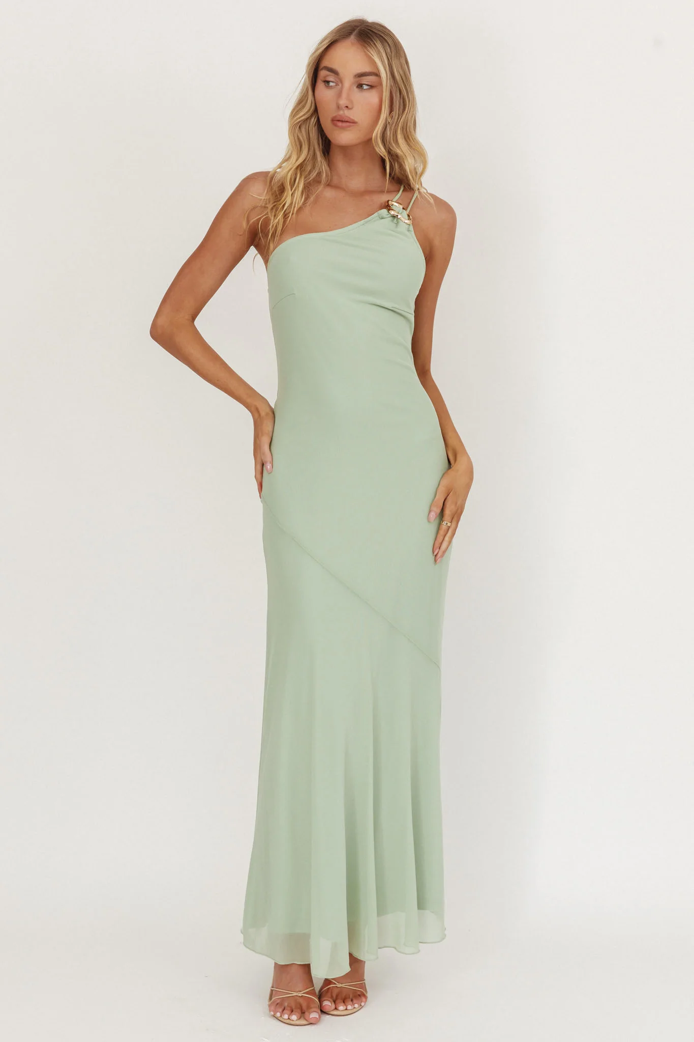 We Belong Together One-Shoulder Buckle Maxi Dress Mint