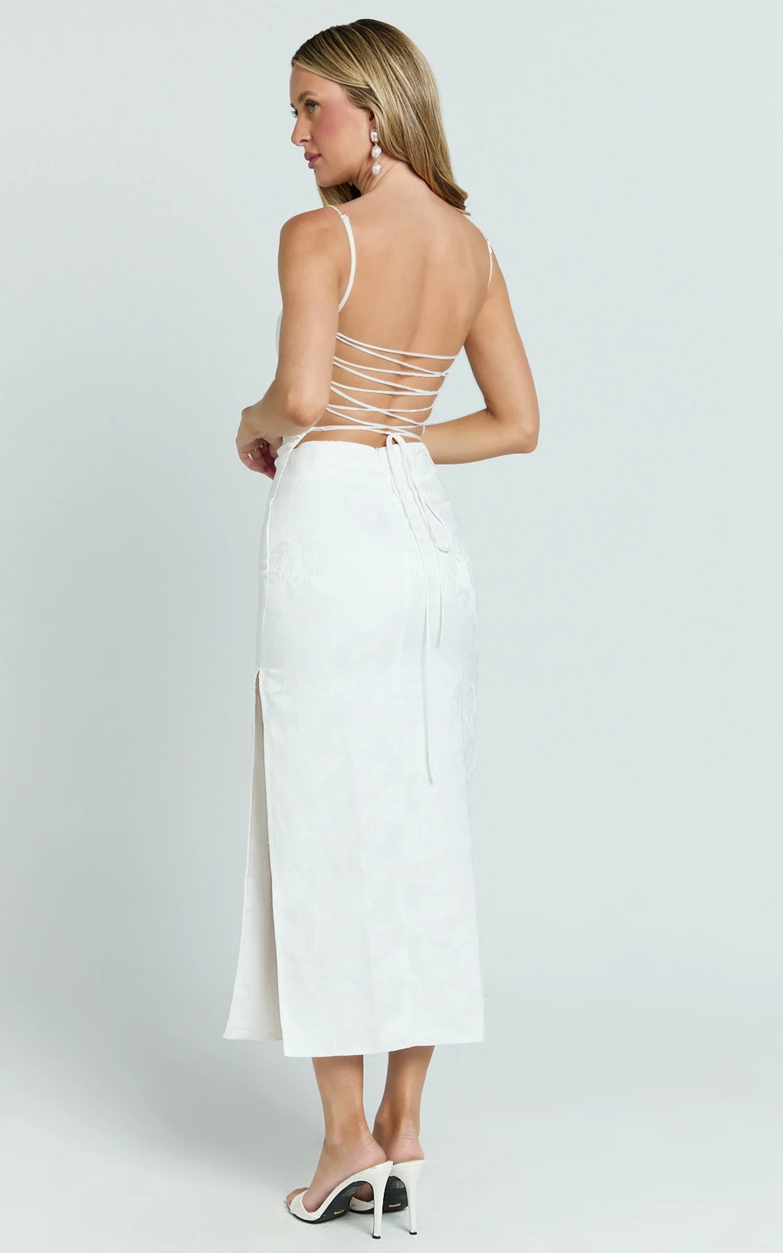 Indiana Midi Dress - Jacquard Square Neck Lace Back Fitted Dress in White