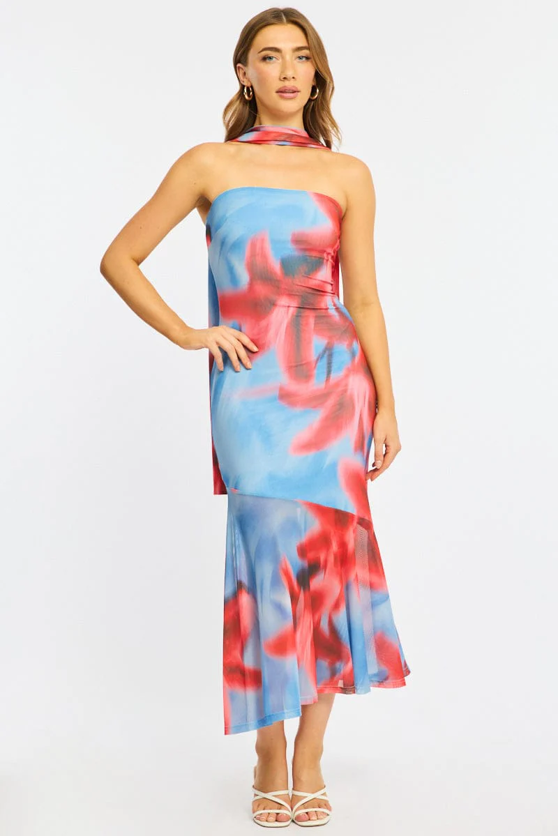 Blue Floral Strapless Maxi Dress