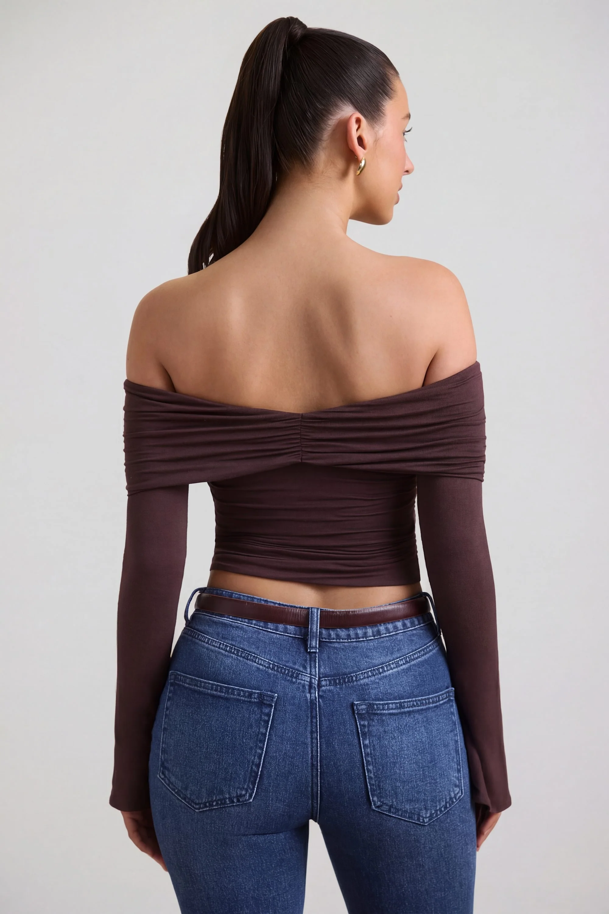 Modal-Cashmere Blend Off-Shoulder Ruched Top in Espresso