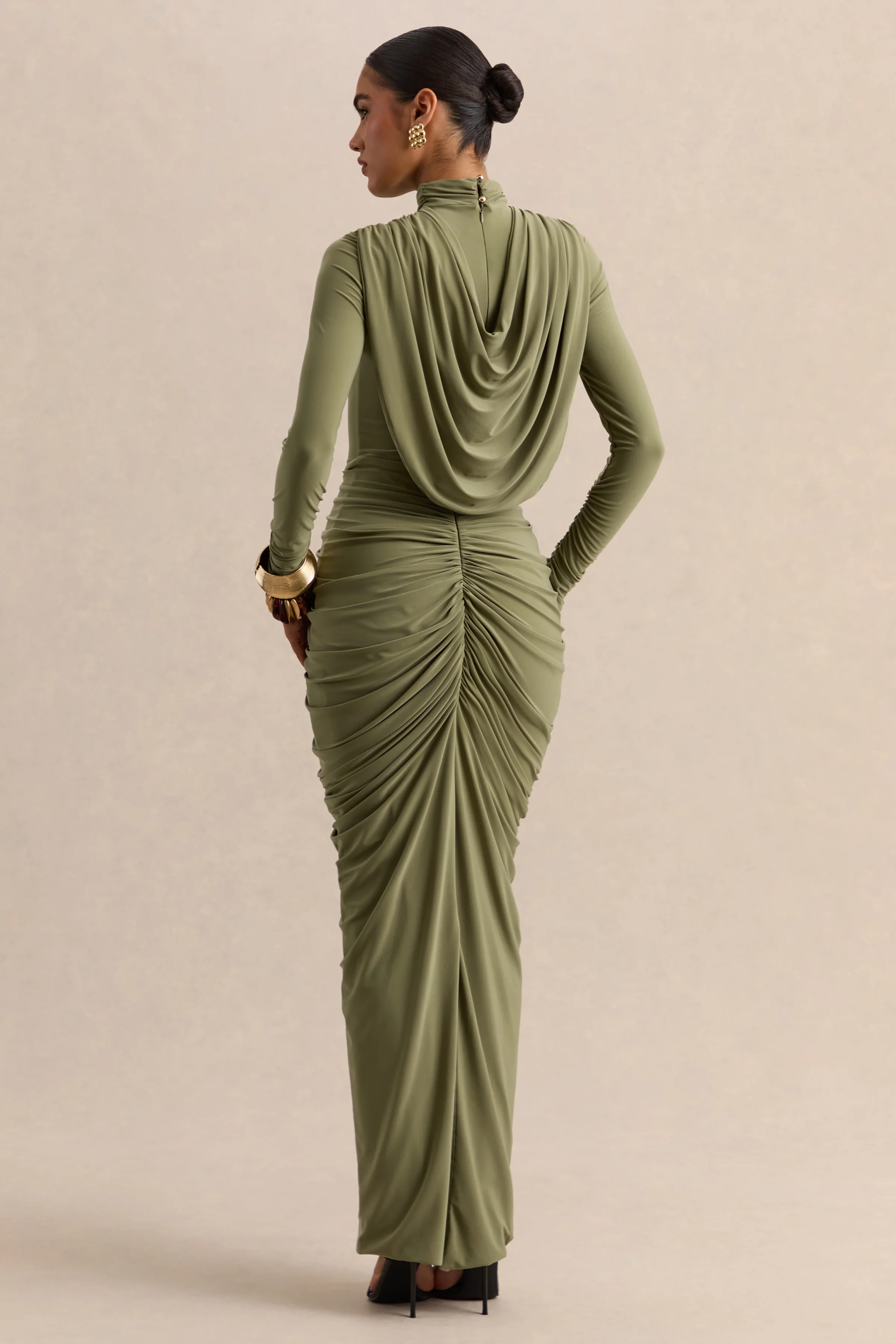 Harmona | Olive High-Neck Maxi Dress With Gathered And Draped-Detailing