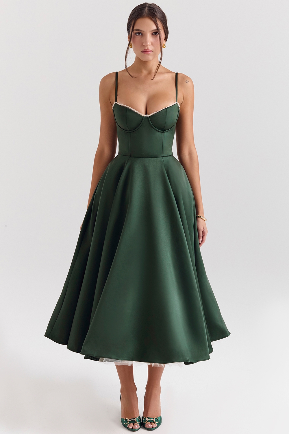 forest green satin tulle midi dress
