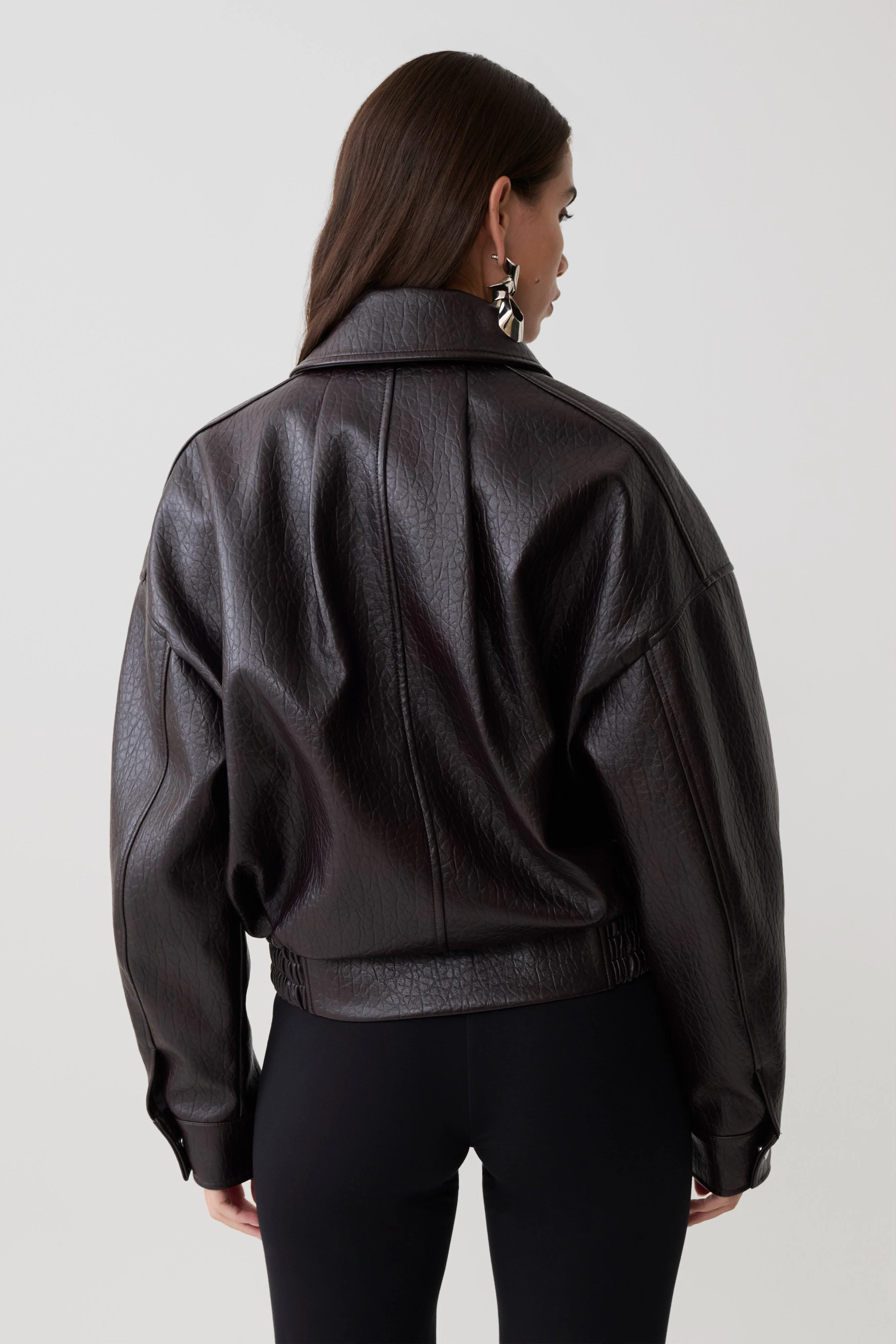 Paige Faux Leather Cropped Jacket - Cherry Brown
