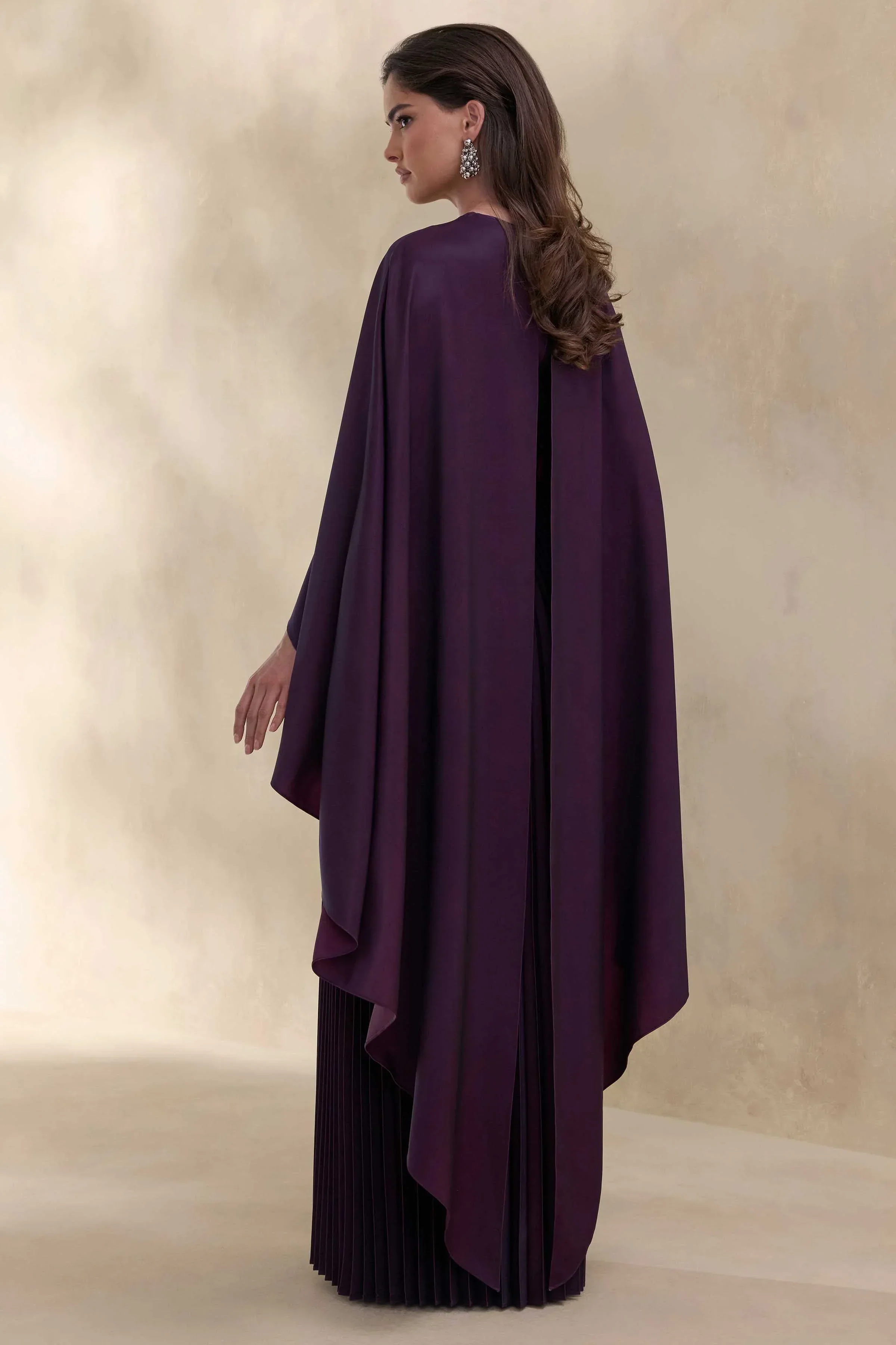 Loradia | Dark Plum Satin Round-Neck Maxi Dress With Cape-Sleeves And Pleated-Skirt