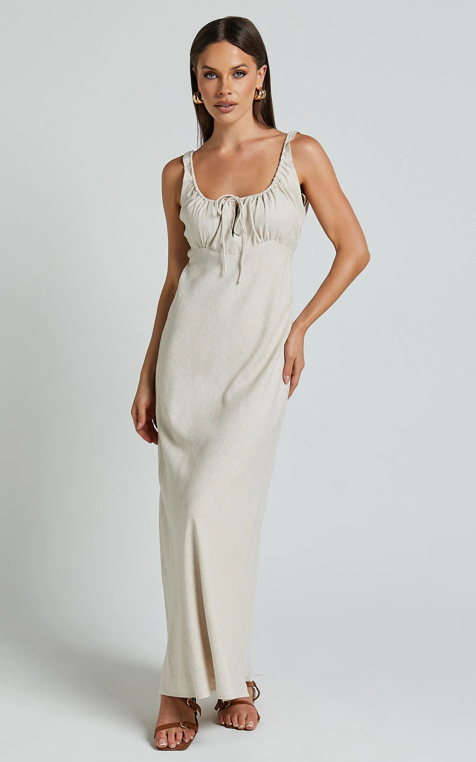 Lucas Midi Dress - Ruched Bust Linen Dress in Natural
