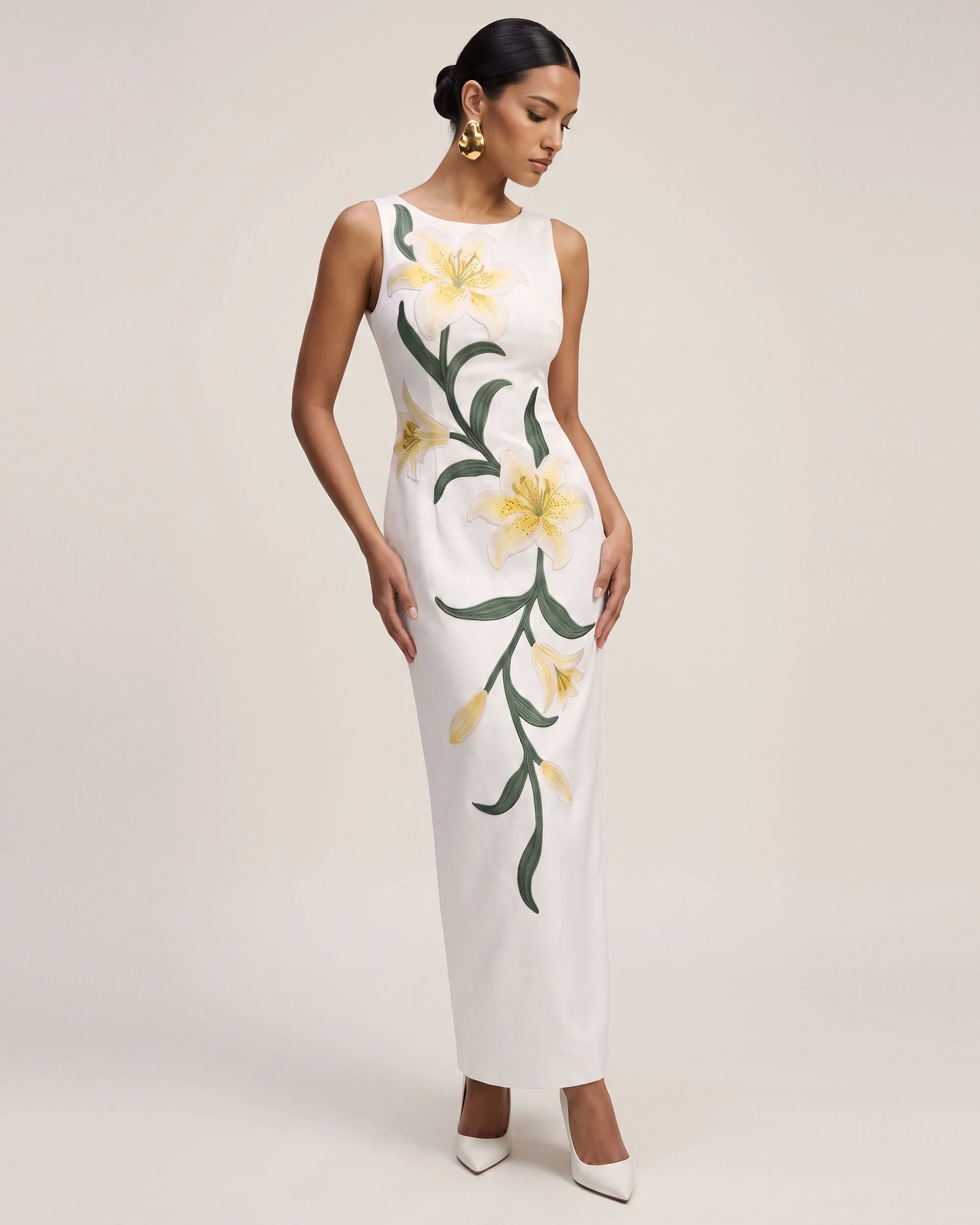 Lily Floral Print Sleeveless Column Maxi Dress - White